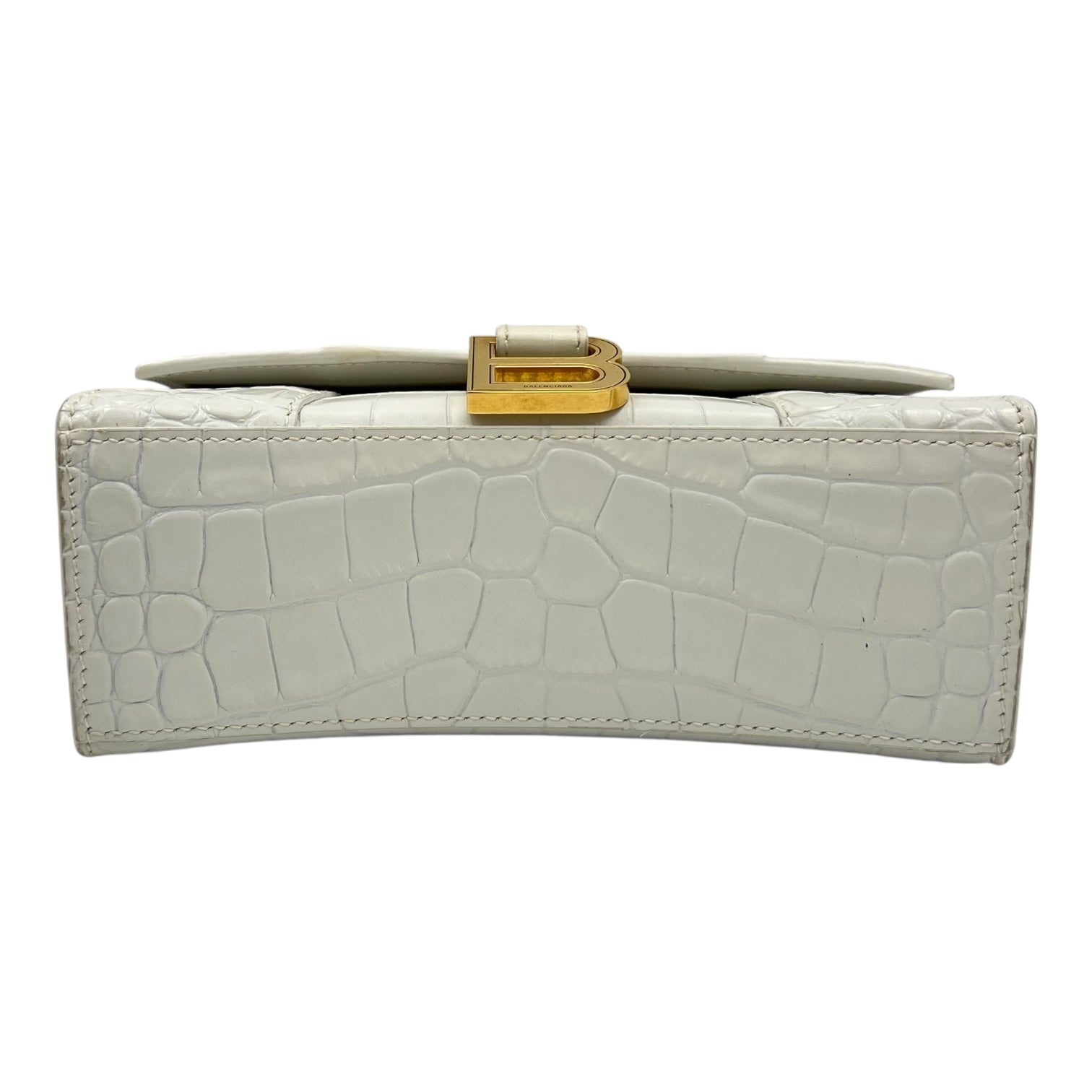 Hourglass Top Handle Bag White in Crocodile Embossed Calfskin, Silver hardware