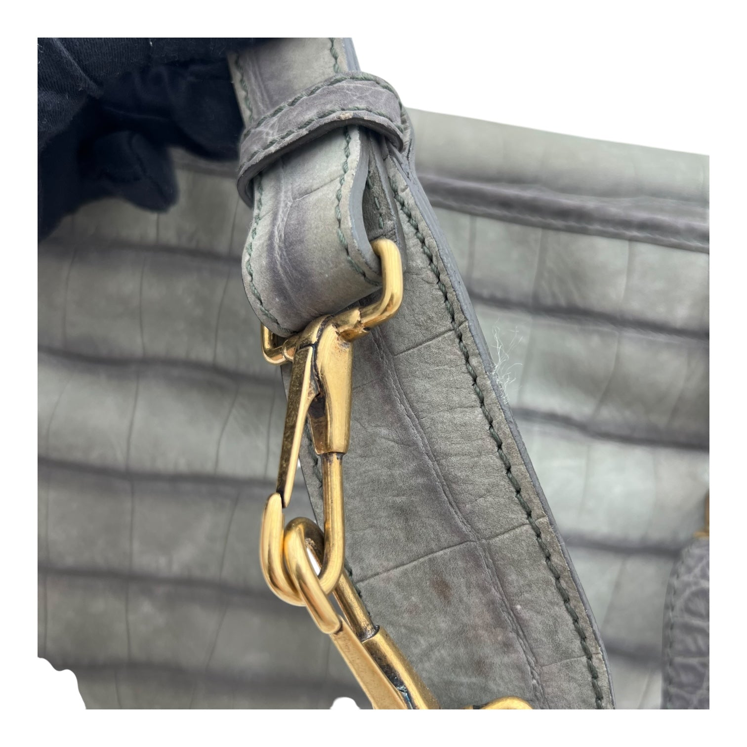 Besace Shoulder Bag Grey in Crocodile Embossed Calfskin, Gold hardware