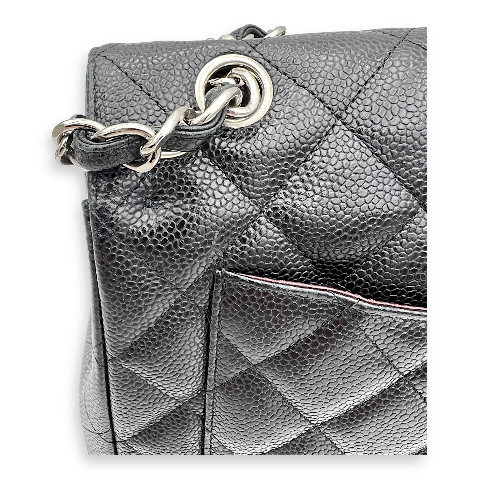Classic Double Flap Maxi Black Shoulder Bag in Caviar Leather, Silver hardware