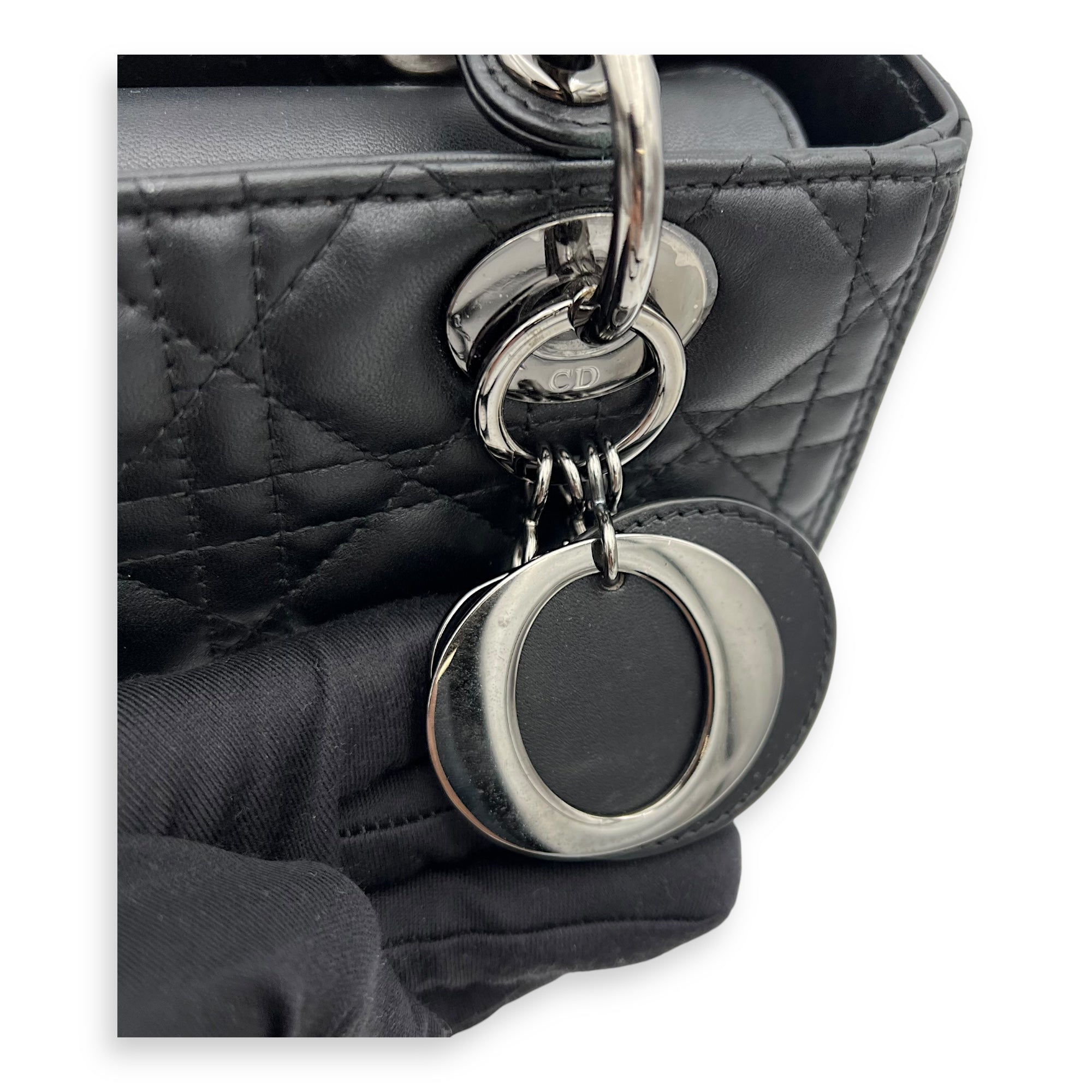 Lady Dior Medium Black Top Handle Bag in Calfskin, Gunmetal hardware