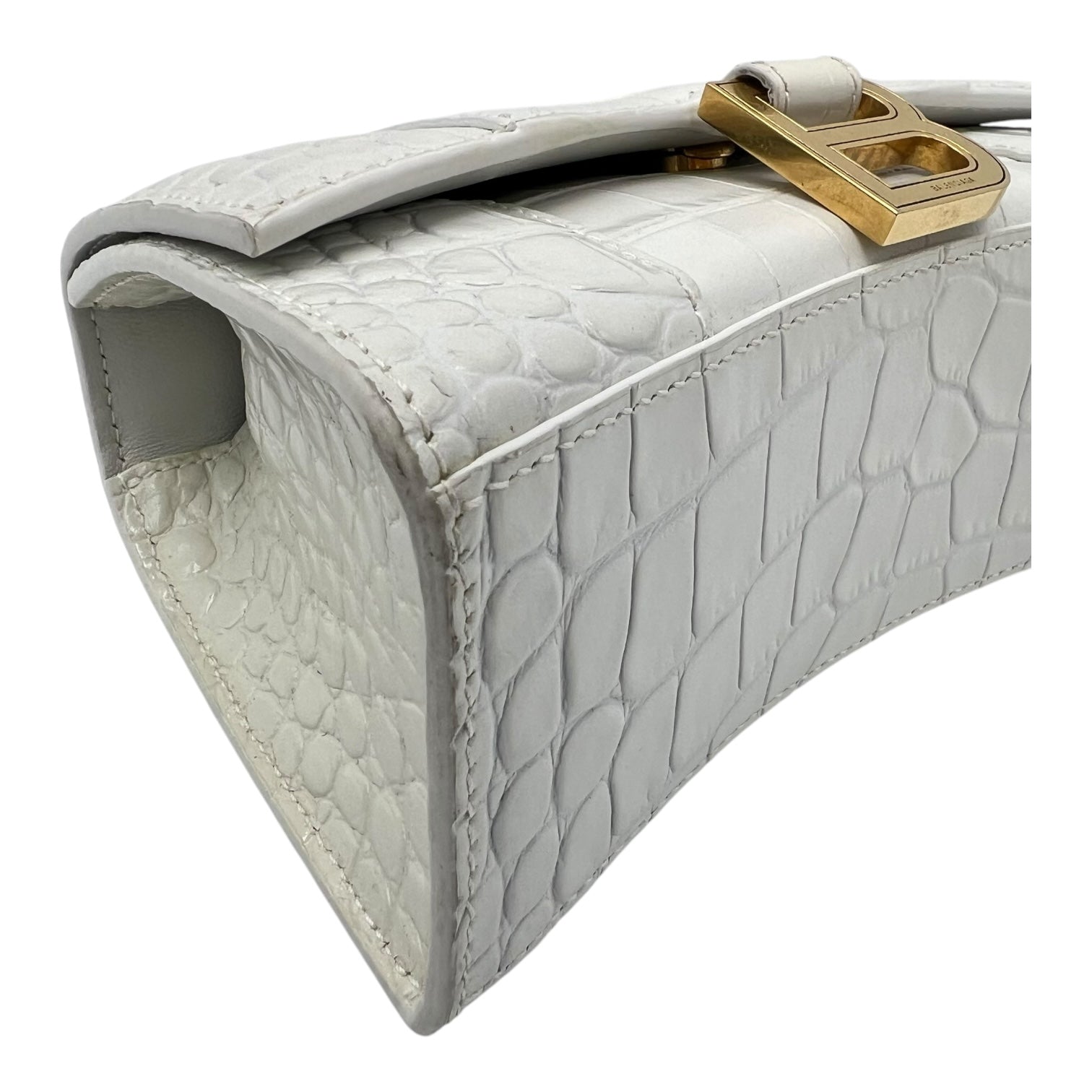 Hourglass Top Handle Bag White in Crocodile Embossed Calfskin, Silver hardware