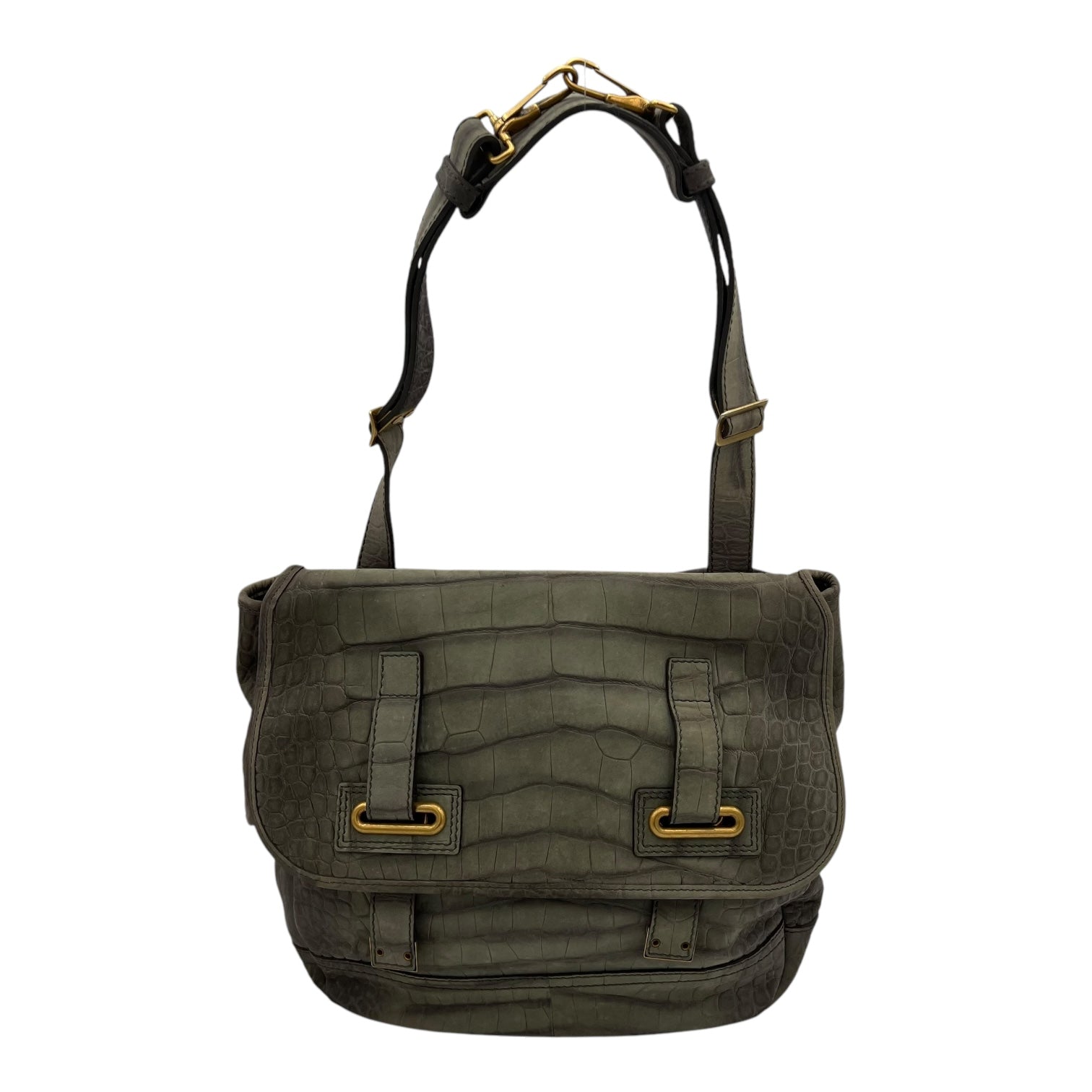 Besace Shoulder Bag Grey in Crocodile Embossed Calfskin, Gold hardware