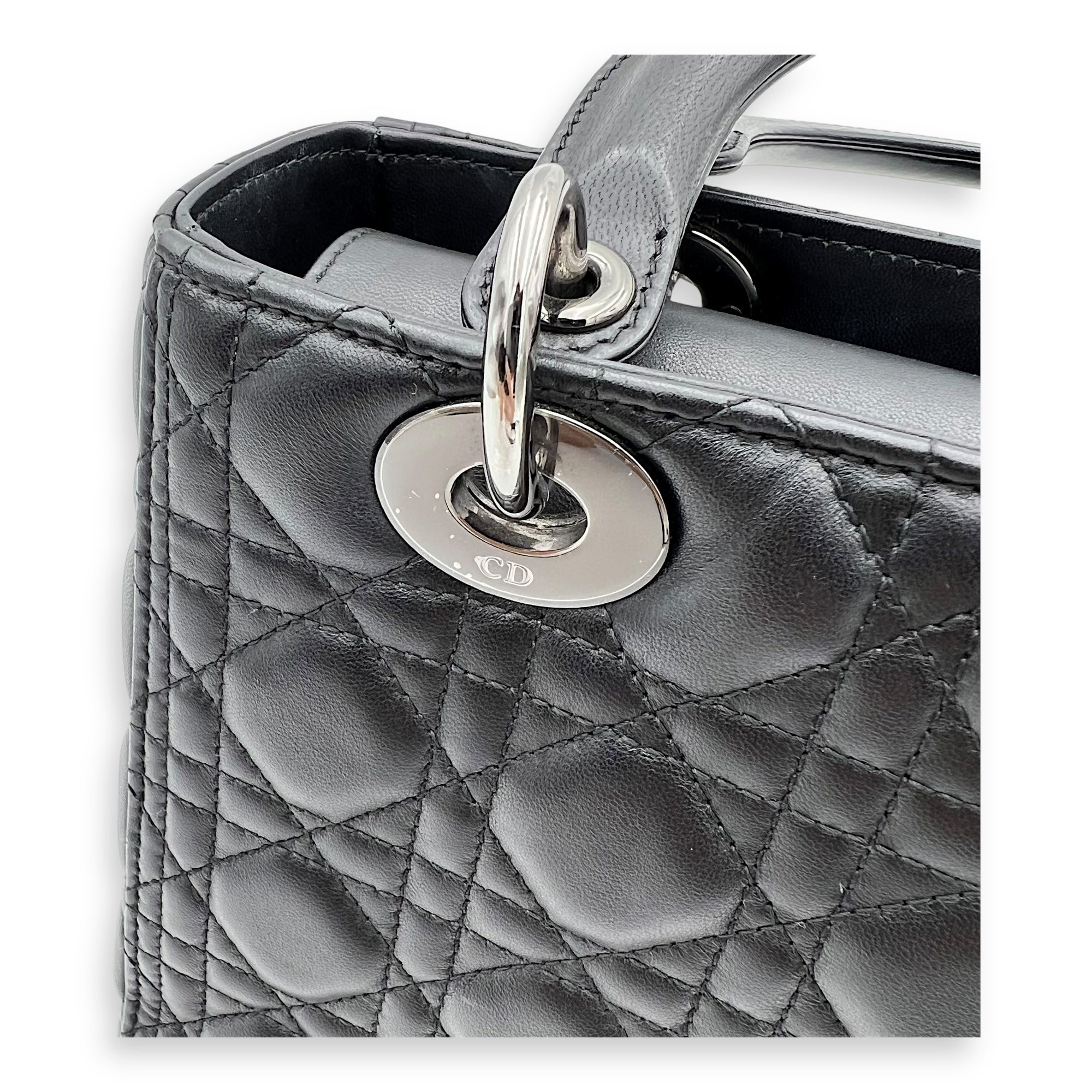 Lady Dior Medium Black Top Handle Bag in Calfskin, Gunmetal hardware