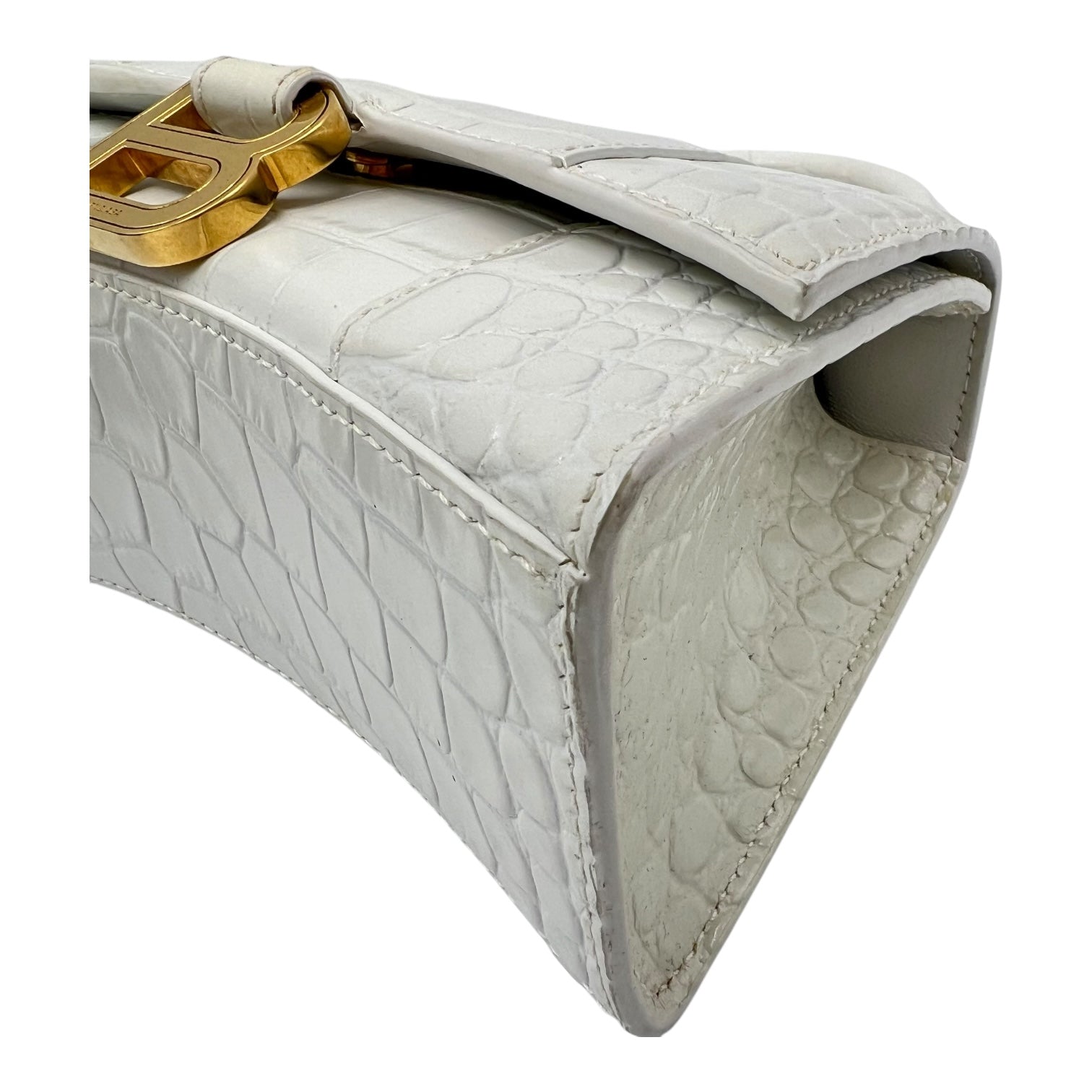 Hourglass Top Handle Bag White in Crocodile Embossed Calfskin, Silver hardware