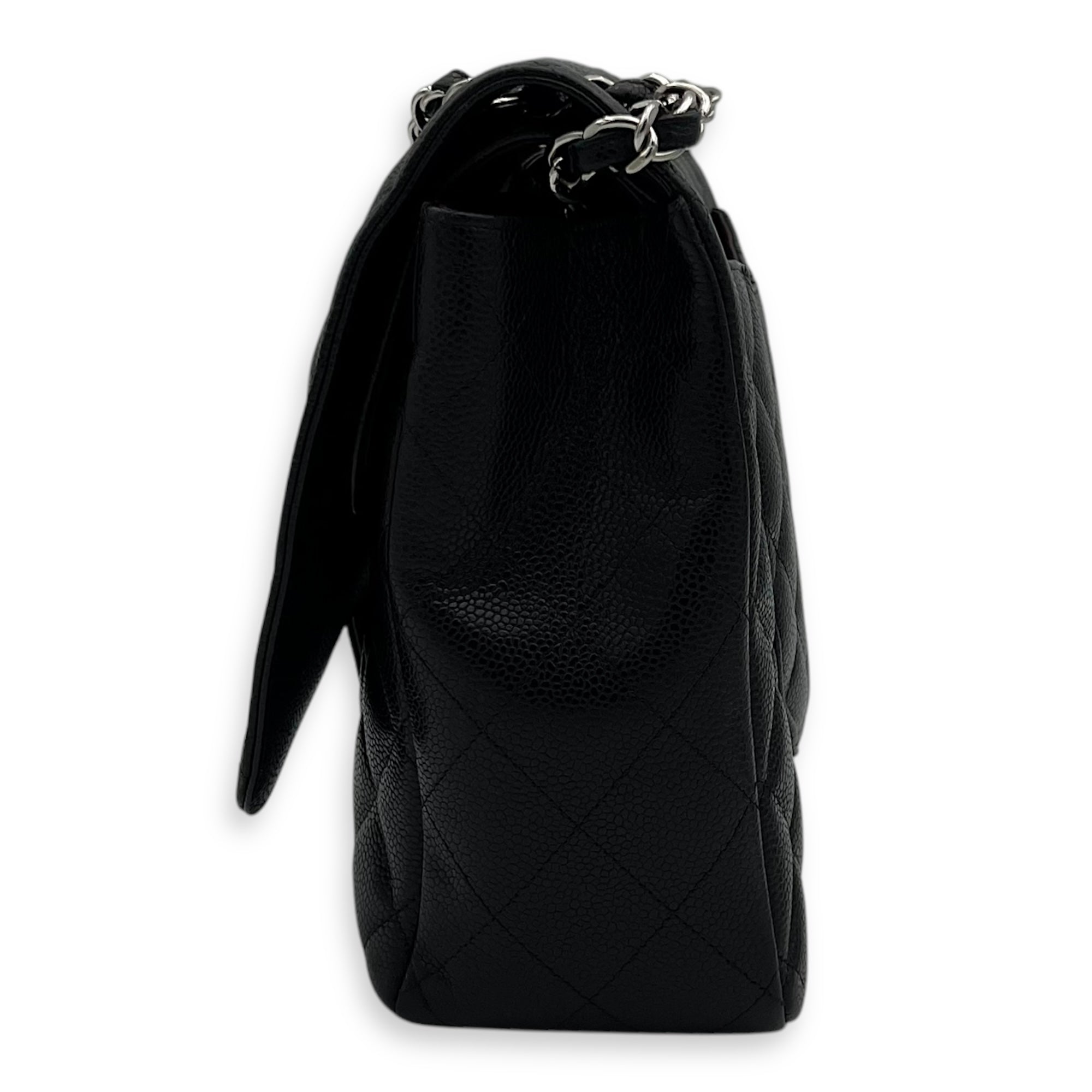 Classic Double Flap Maxi Black Shoulder Bag in Caviar Leather, Silver hardware