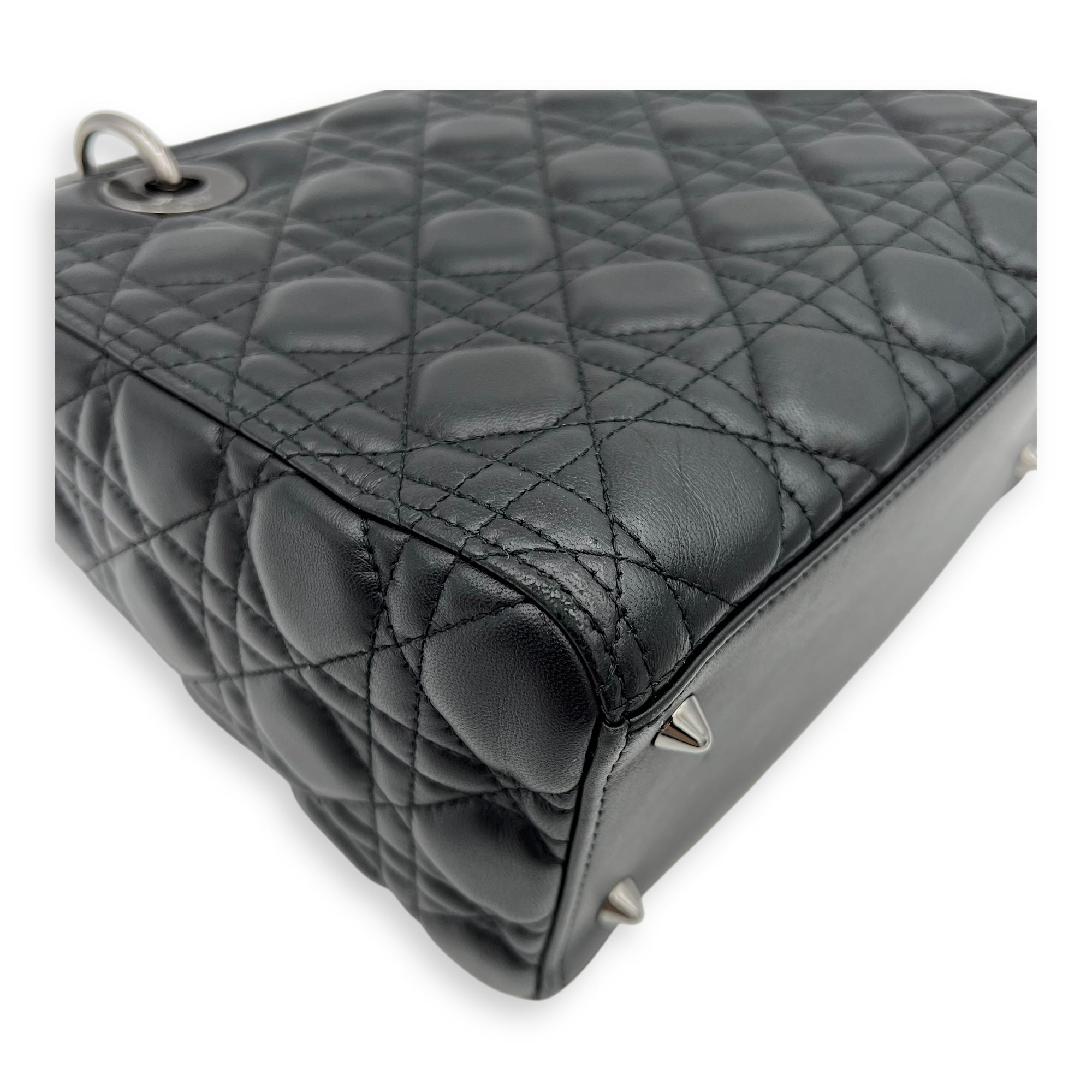 Lady Dior Medium Black Top Handle Bag in Calfskin, Gunmetal hardware