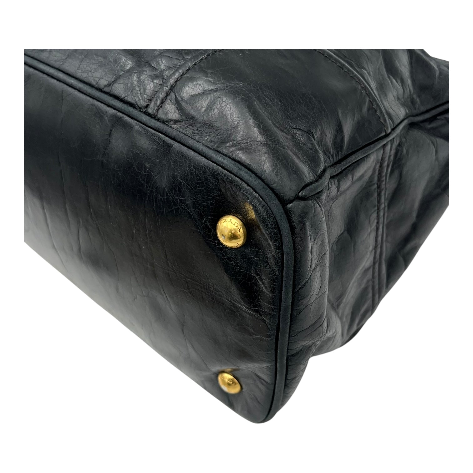 Logo Top Handle Bag Black in Distressed Leather, Gold hardware