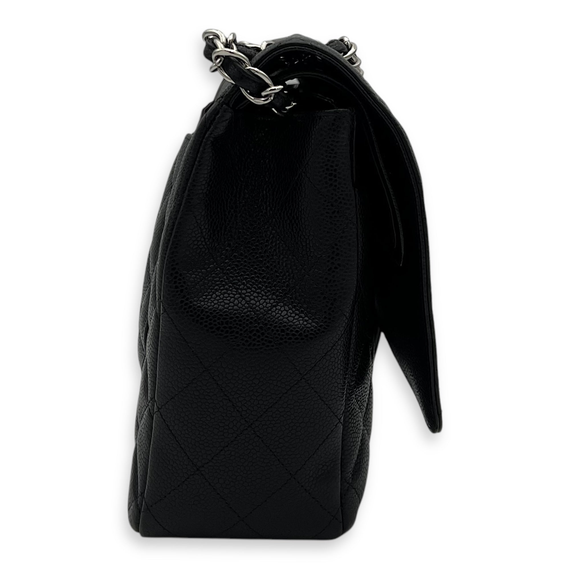 Classic Double Flap Maxi Black Shoulder Bag in Caviar Leather, Silver hardware