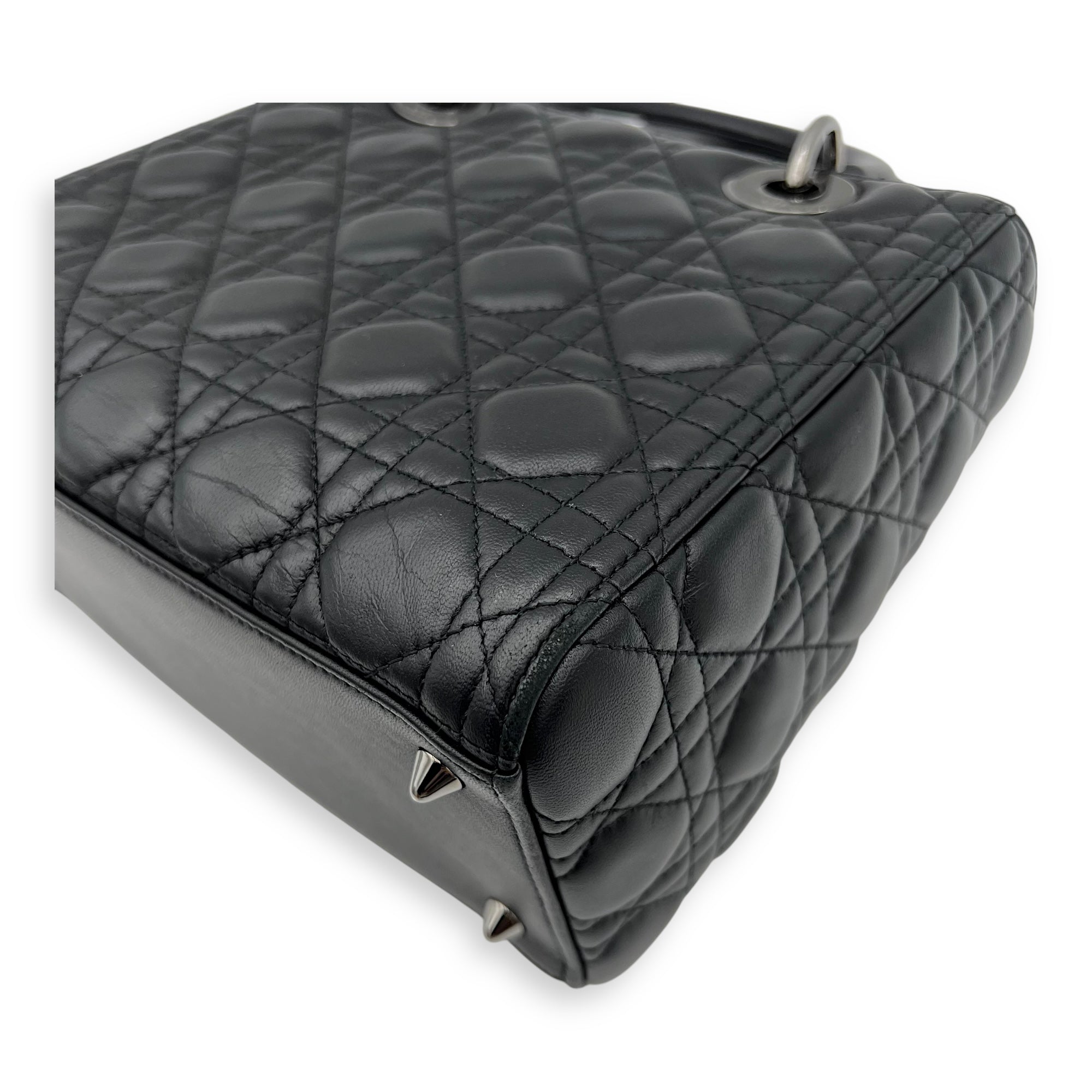 Lady Dior Medium Black Top Handle Bag in Calfskin, Gunmetal hardware