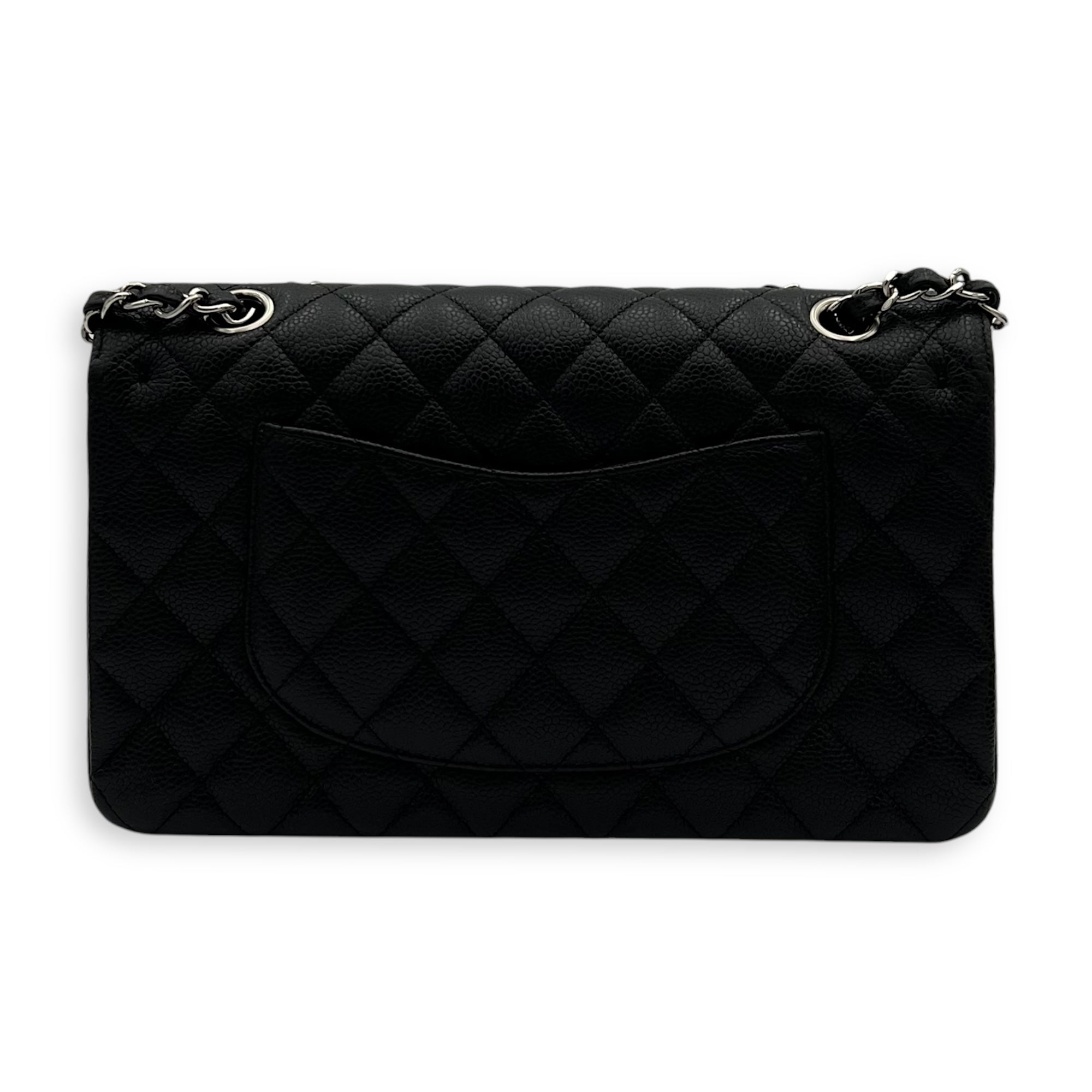 Classic Medium Black Shoulder Bag in Caviar Leather, Silver hardware