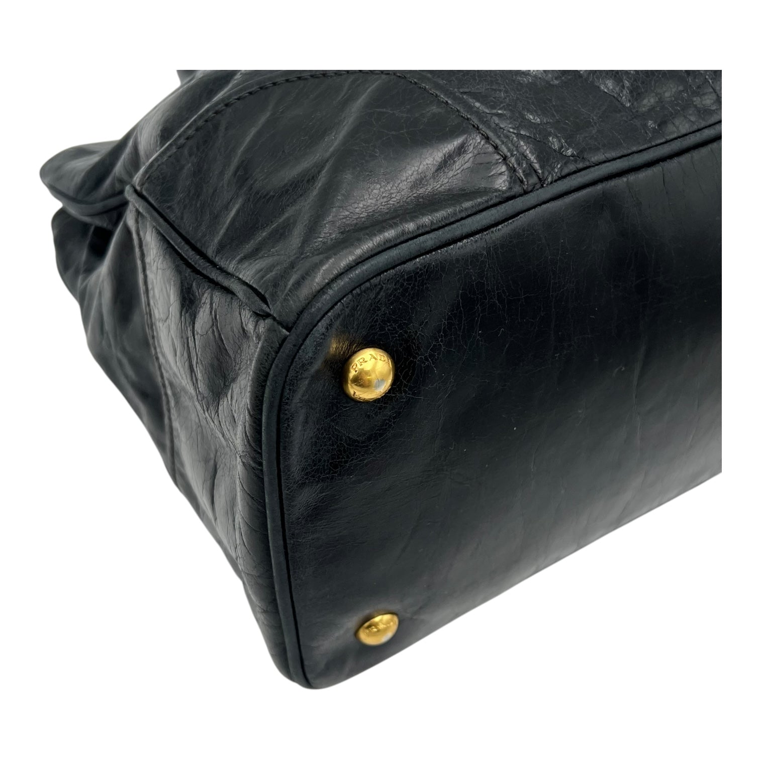 Logo Top Handle Bag Black in Distressed Leather, Gold hardware