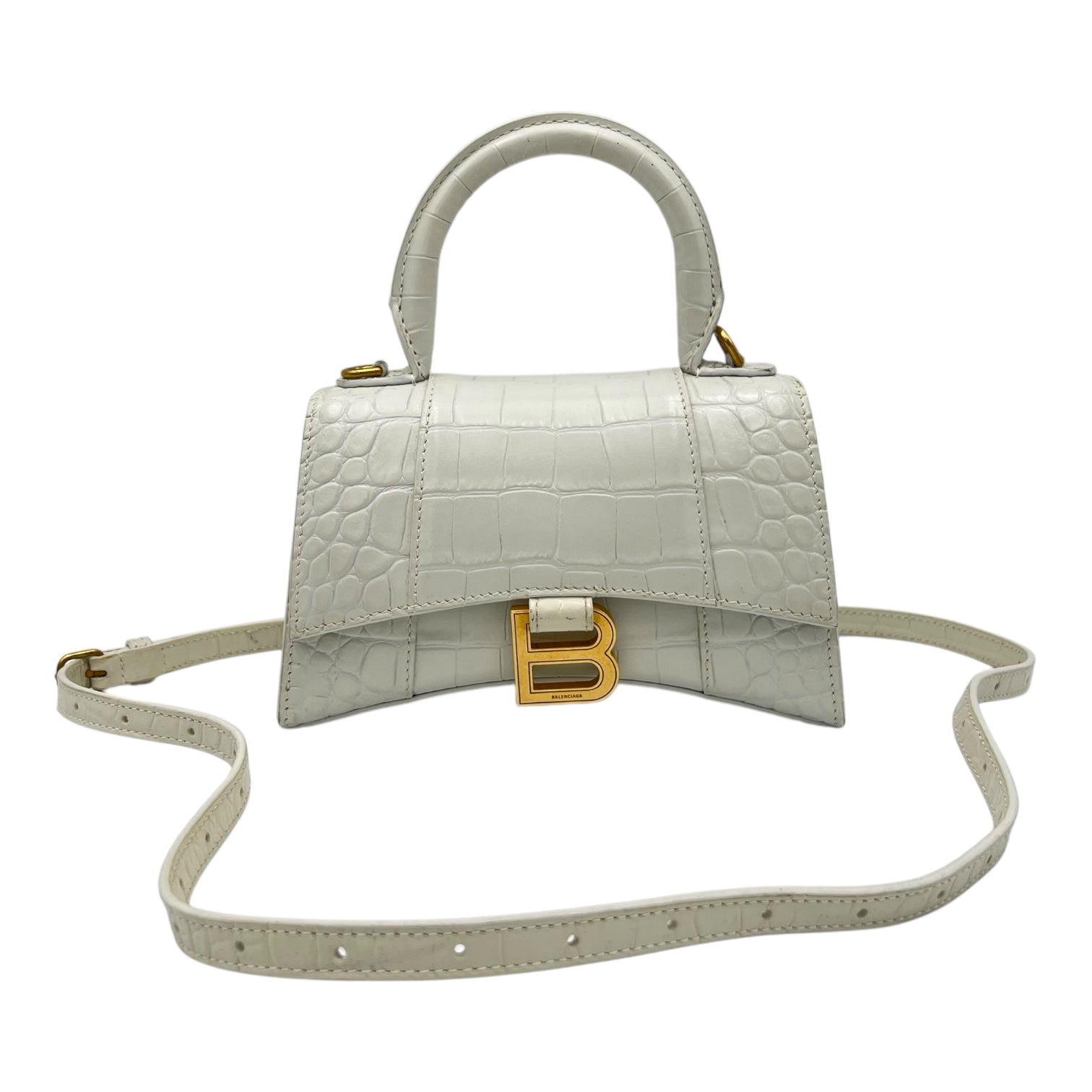 Hourglass Top Handle Bag White in Crocodile Embossed Calfskin, Silver hardware