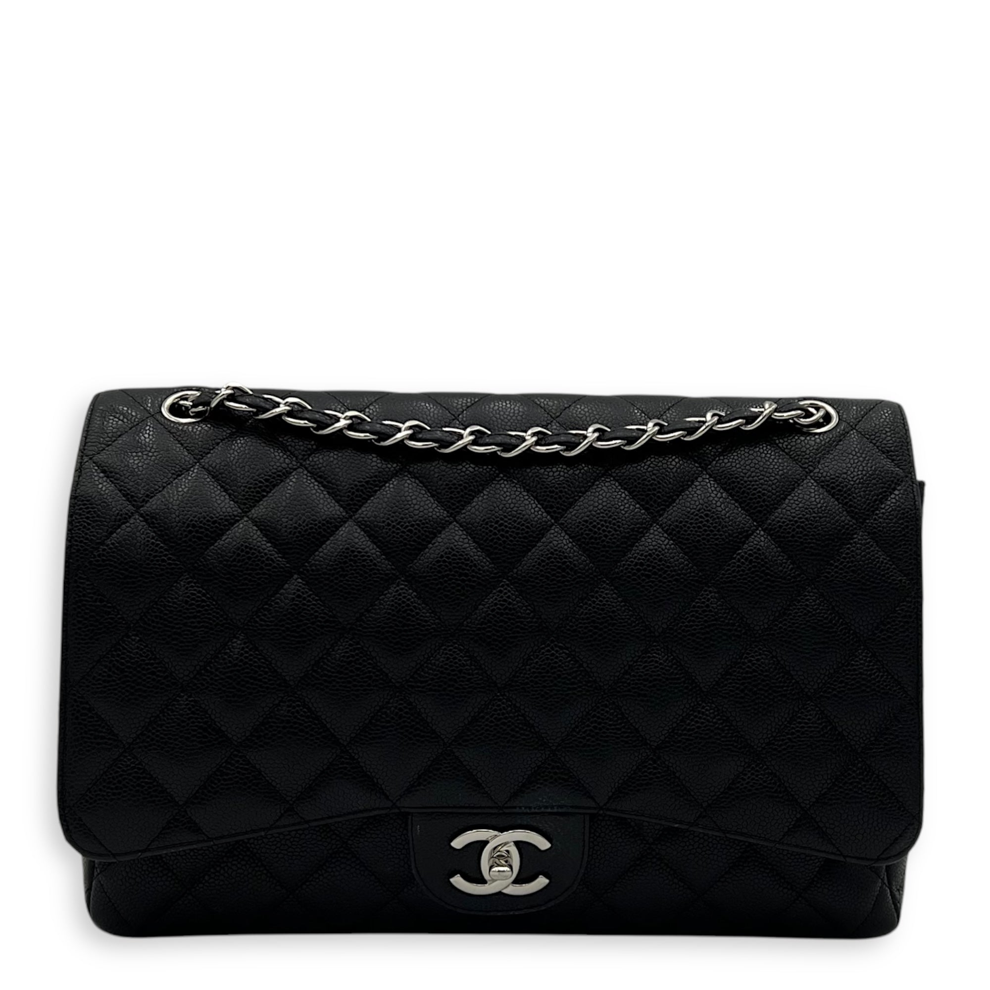 Classic Double Flap Maxi Black Shoulder Bag in Caviar Leather, Silver hardware