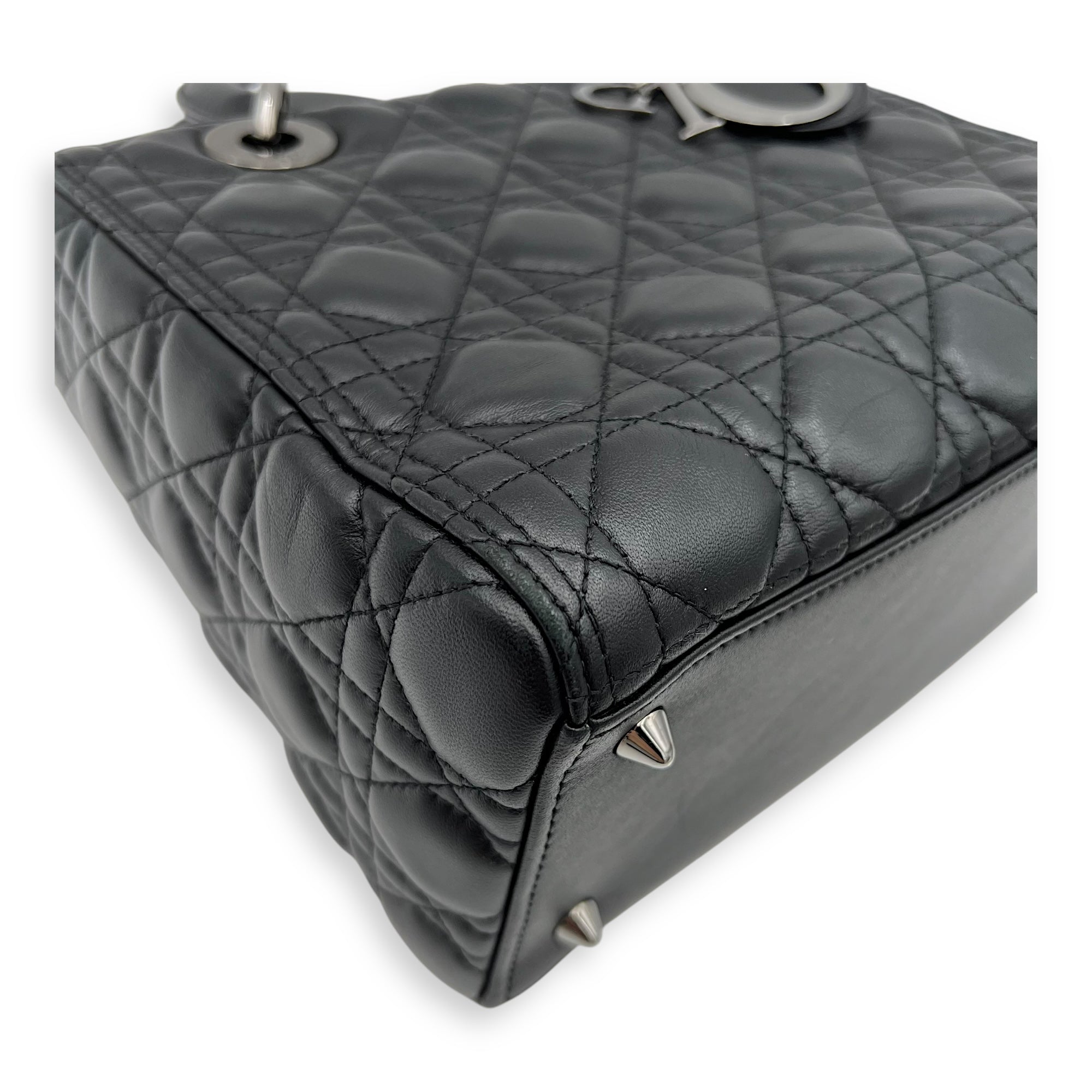 Lady Dior Medium Black Top Handle Bag in Calfskin, Gunmetal hardware