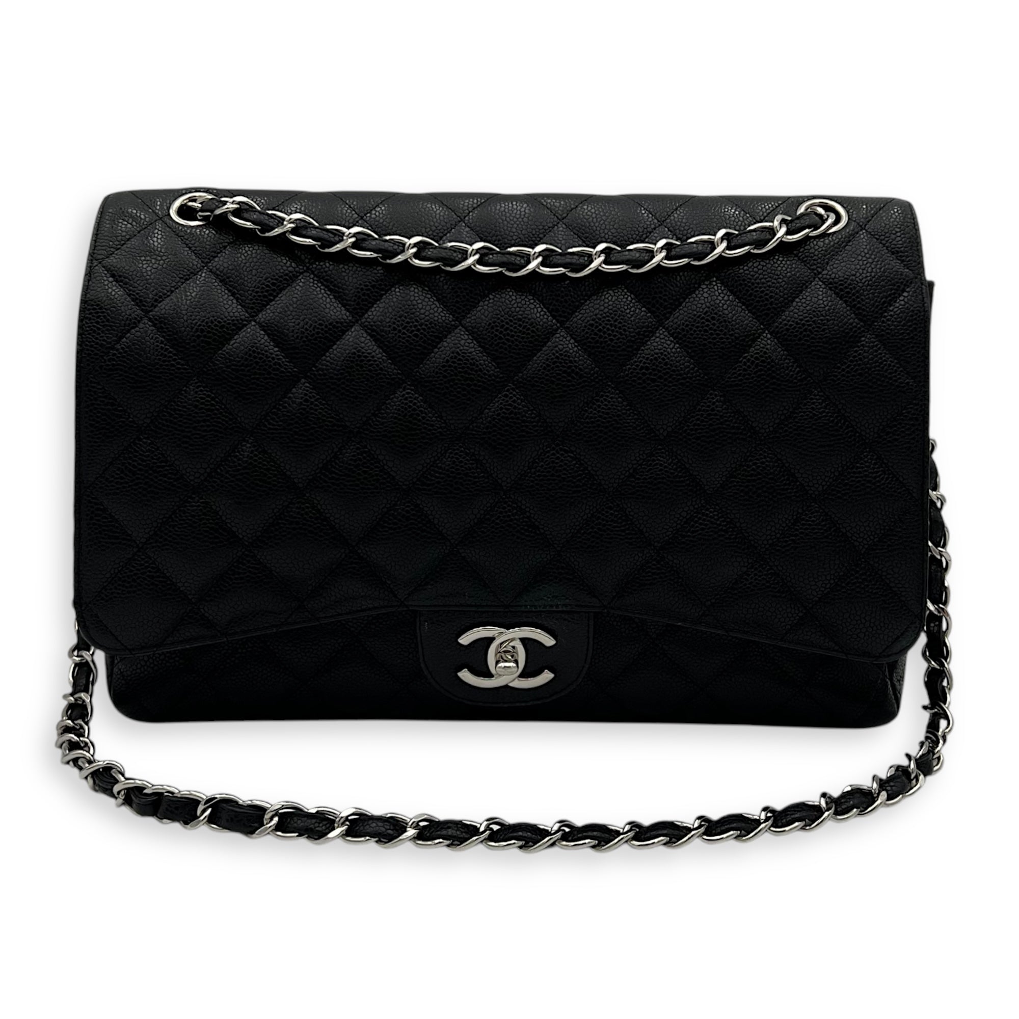 Classic Double Flap Maxi Black Shoulder Bag in Caviar Leather, Silver hardware