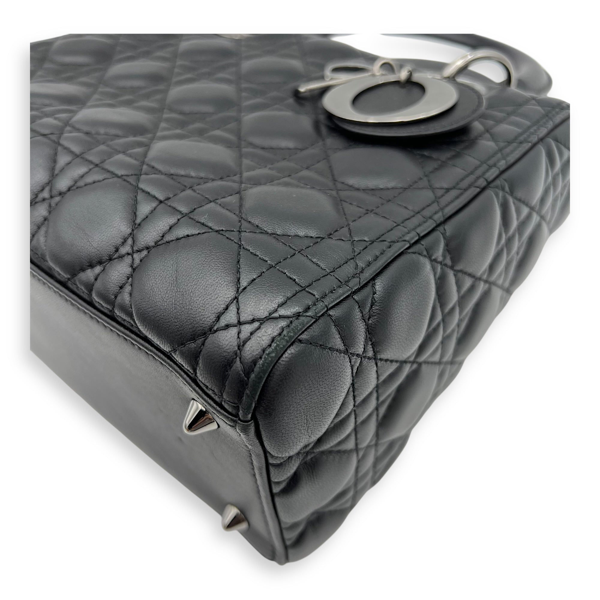 Lady Dior Medium Black Top Handle Bag in Calfskin, Gunmetal hardware