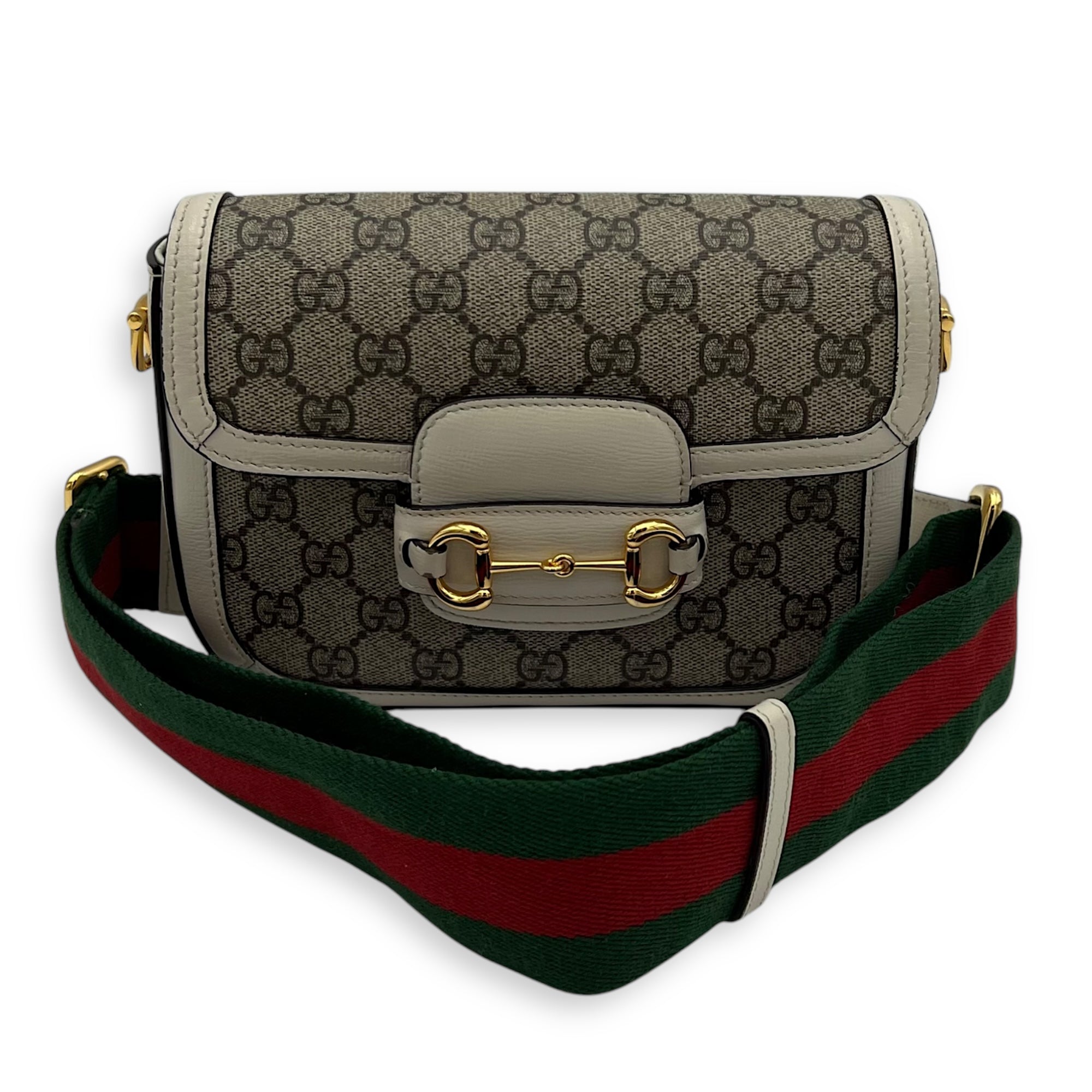 Horsebit 1955 Mini White Crossbody Bag in Coated Canvas, Gold hardware