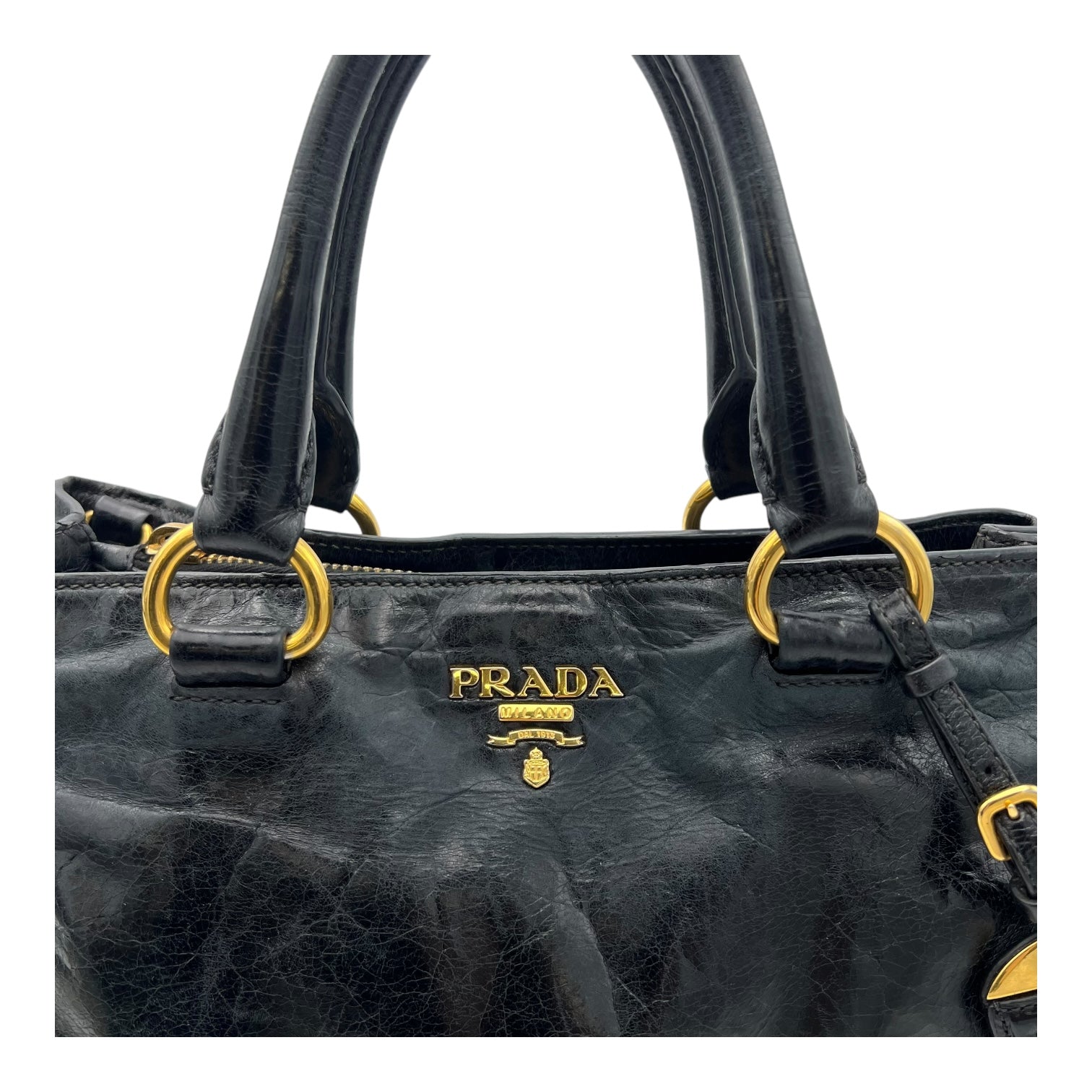 Logo Top Handle Bag Black in Distressed Leather, Gold hardware