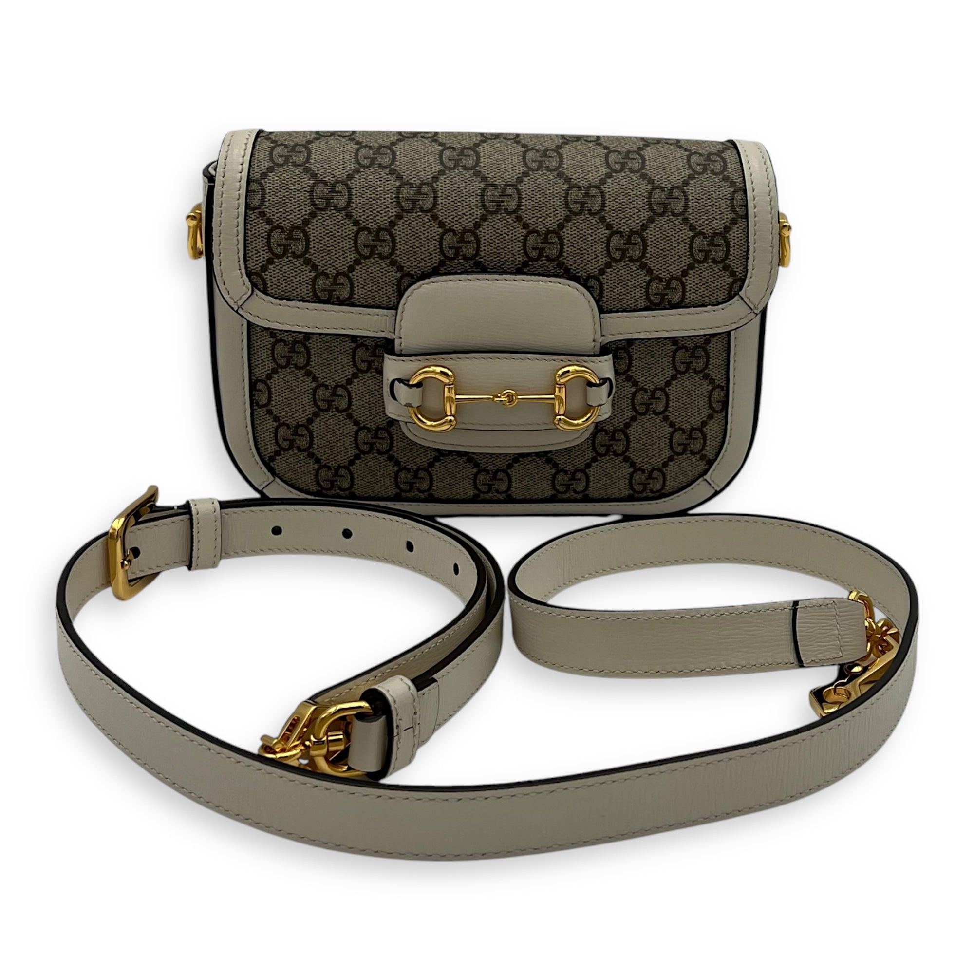 Horsebit 1955 Mini White Crossbody Bag in Coated Canvas, Gold hardware