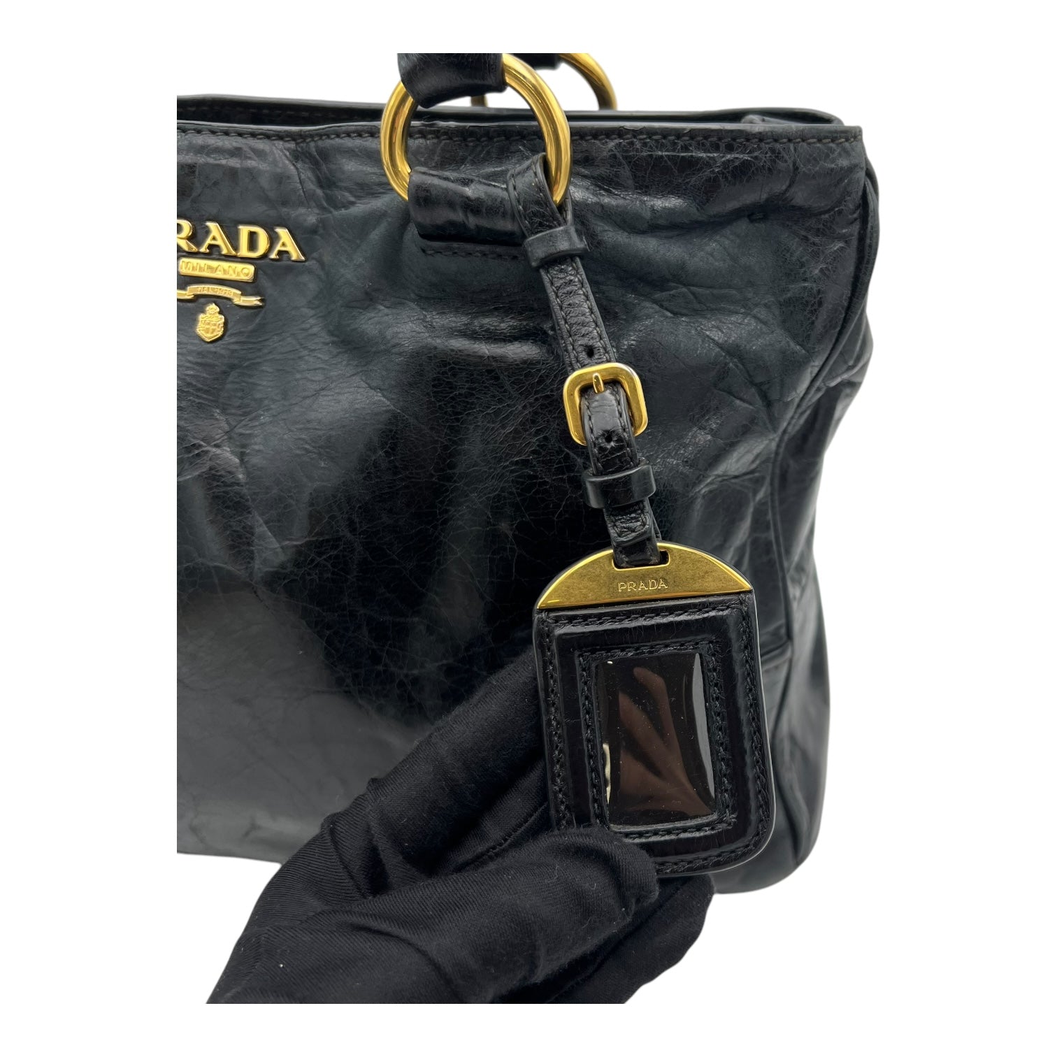 Logo Top Handle Bag Black in Distressed Leather, Gold hardware