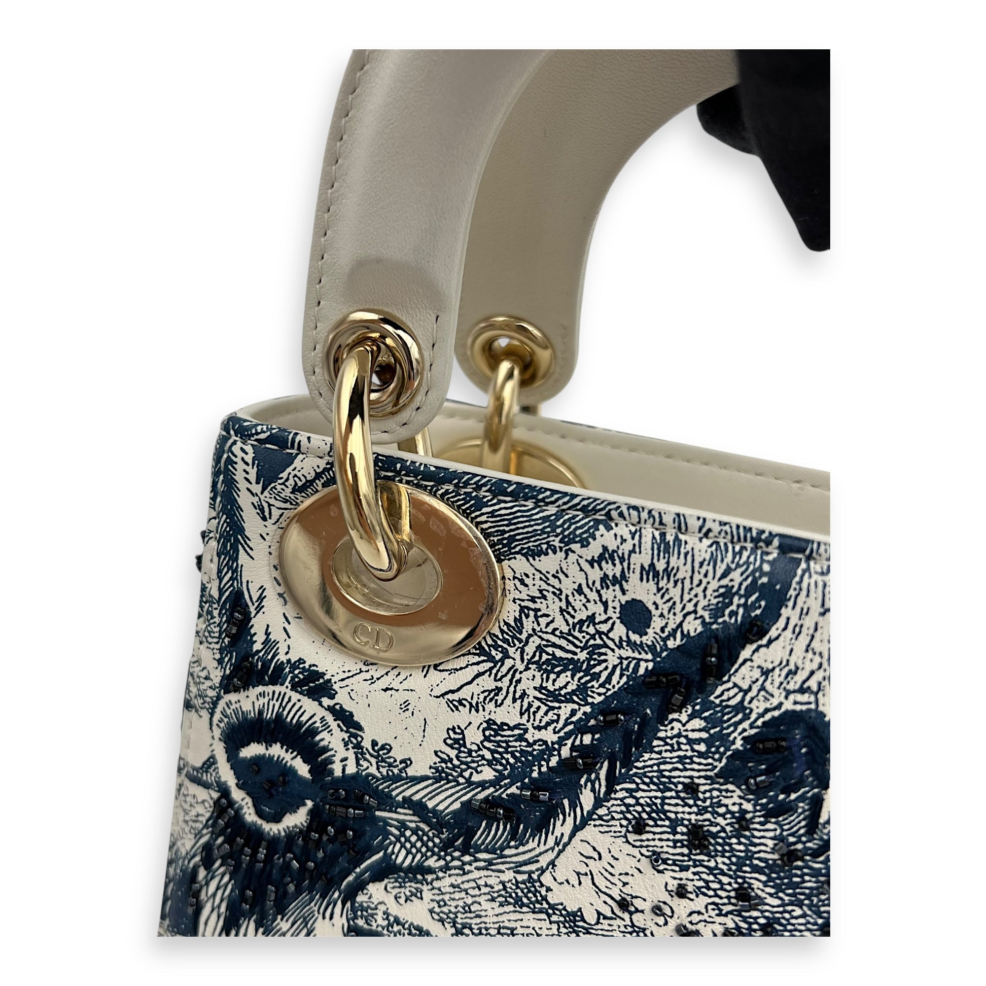 Lady Dior Mini White Top Handle Bag in Calfskin, Gold hardware