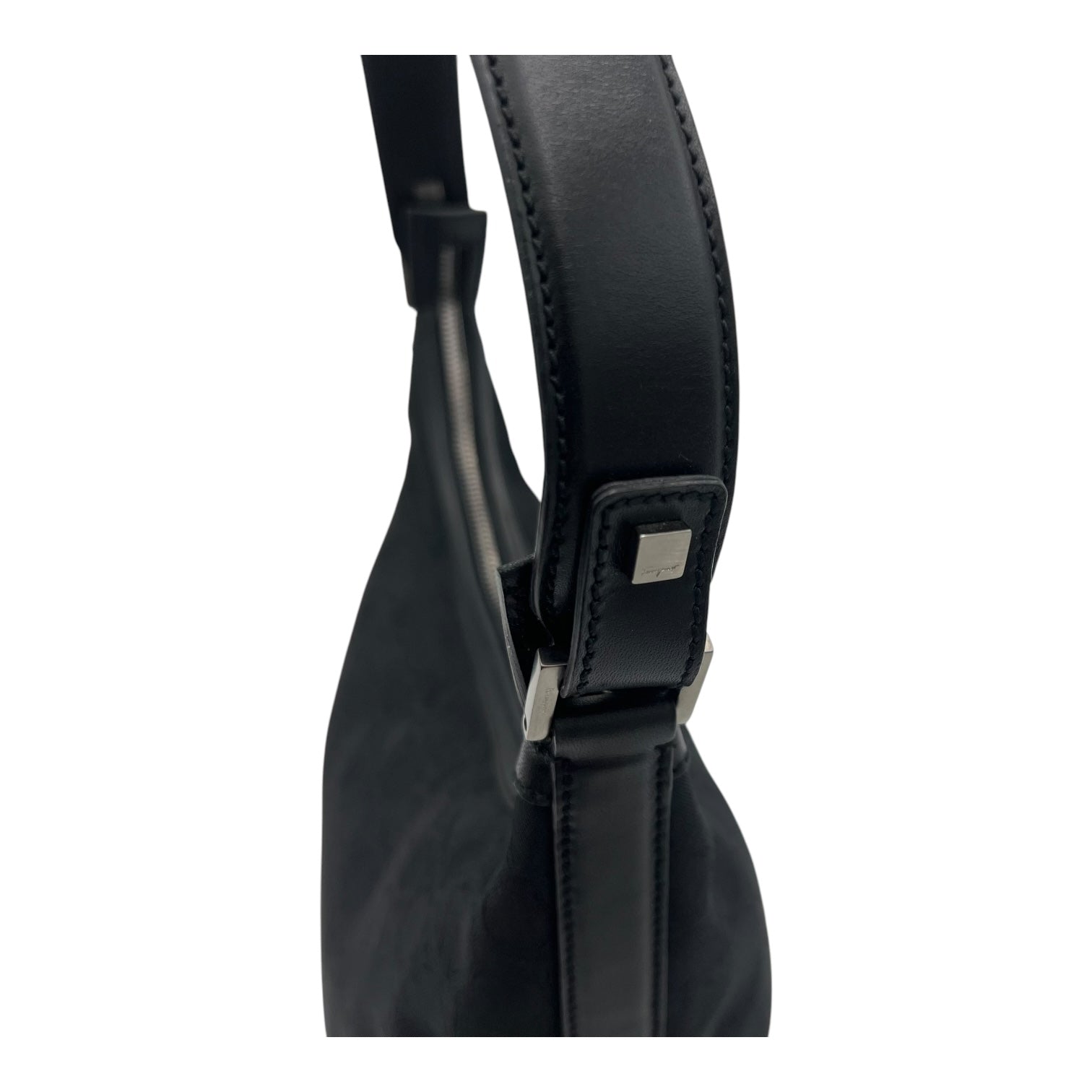Gancini Shoulder Bag Black in Canvas, Silver hardware