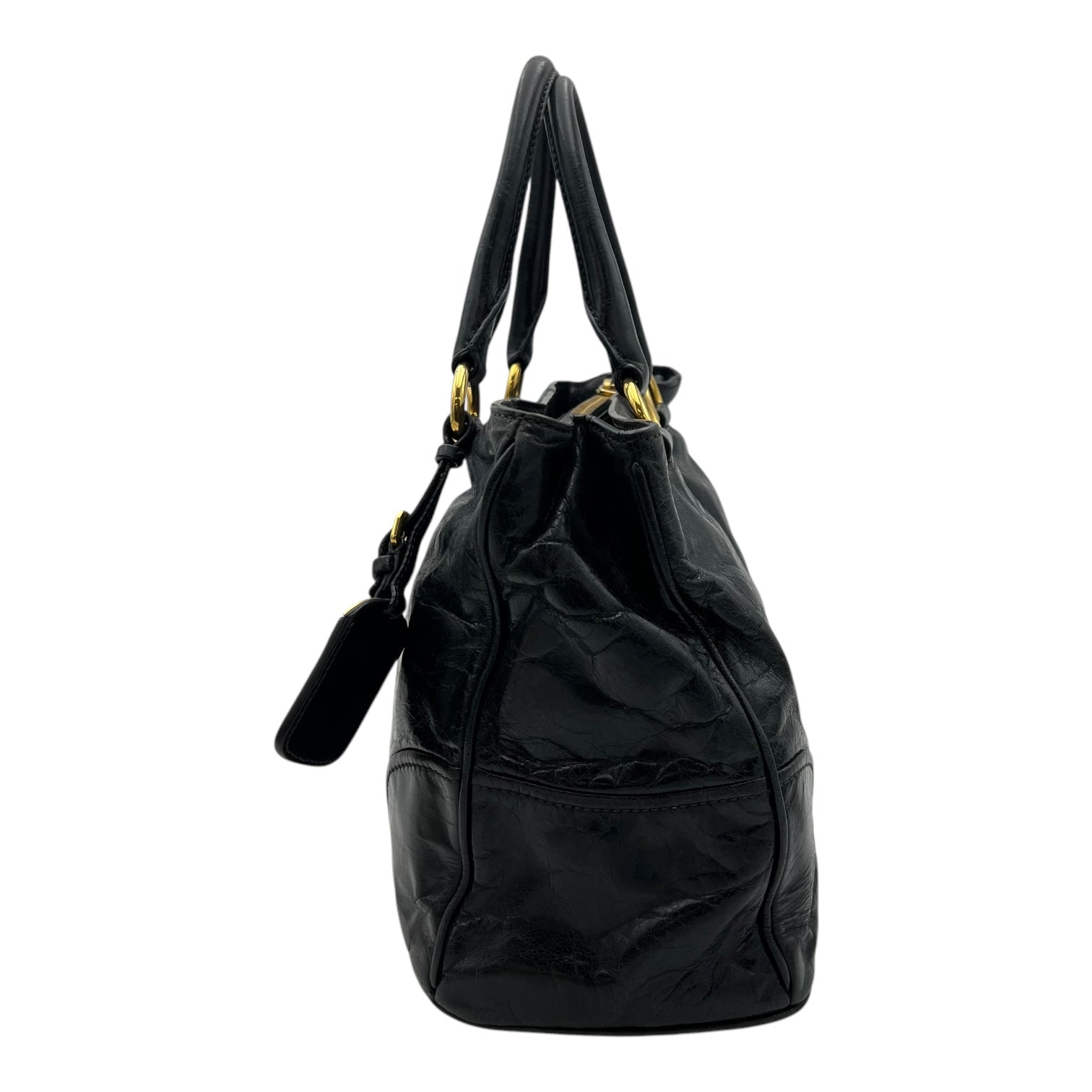 Logo Top Handle Bag Black in Distressed Leather, Gold hardware