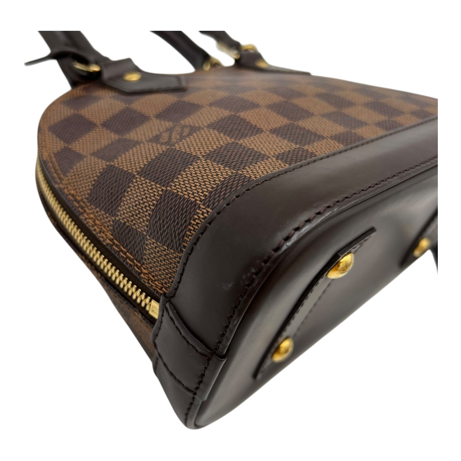 Alma BB Brown Top Handle Bag in Coated Canvas, Gold hardware