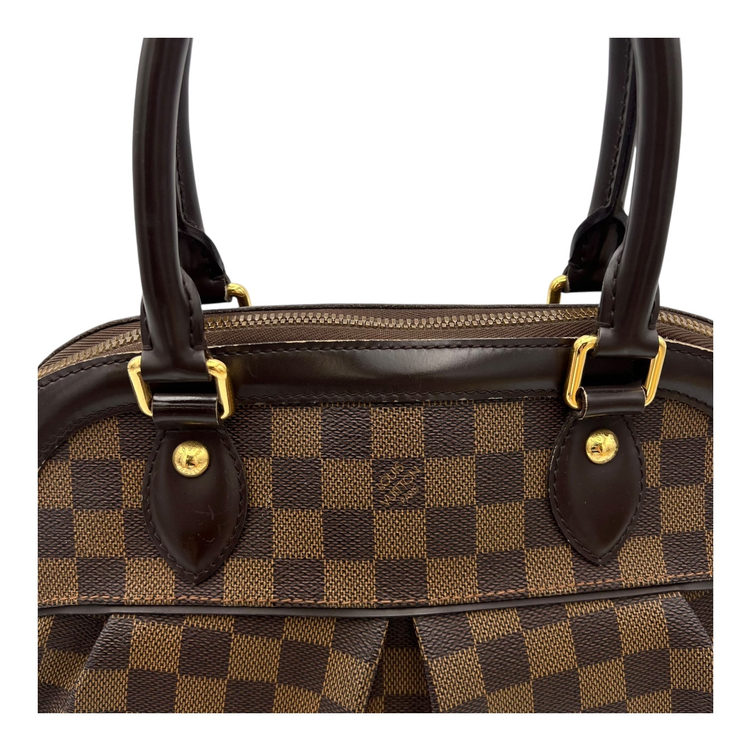 Trevi PM Damier Ebene Top Handle Bag in Coated Canvas, Gold hardware