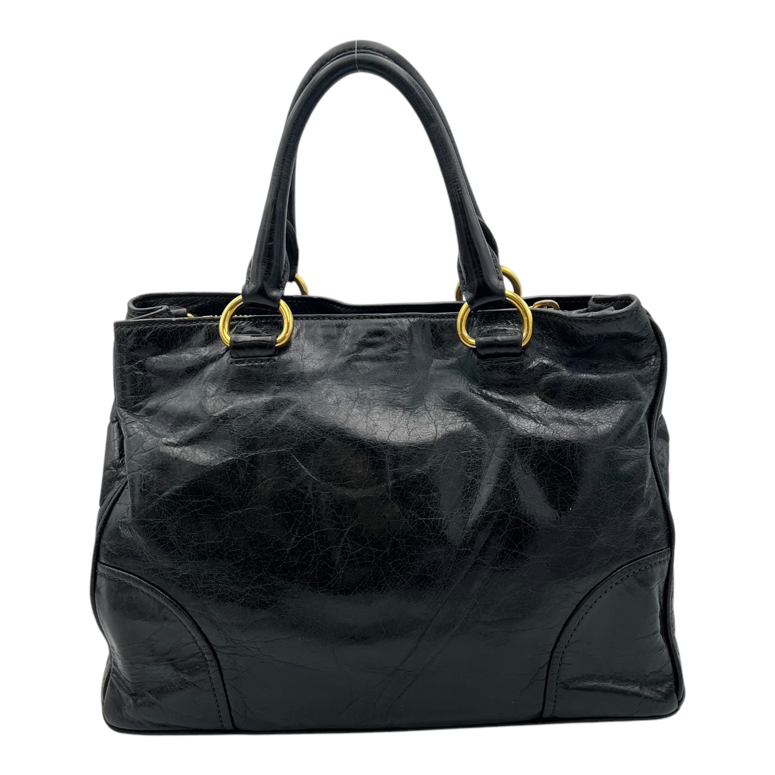 Logo Top Handle Bag Black in Distressed Leather, Gold hardware