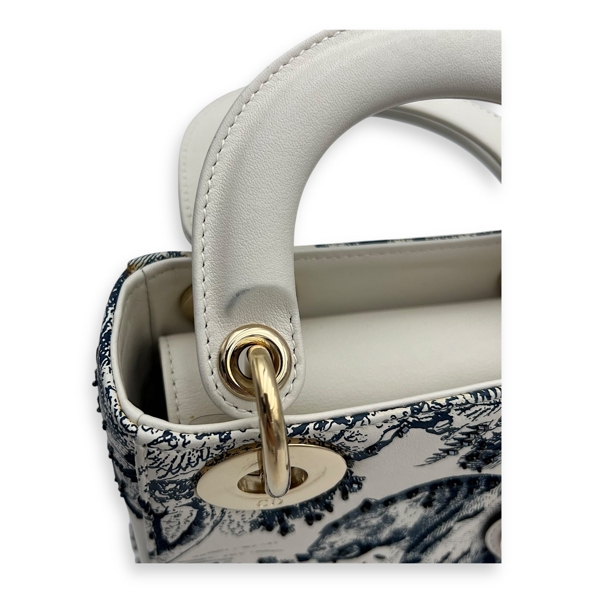 Lady Dior Mini White Top Handle Bag in Calfskin, Gold hardware