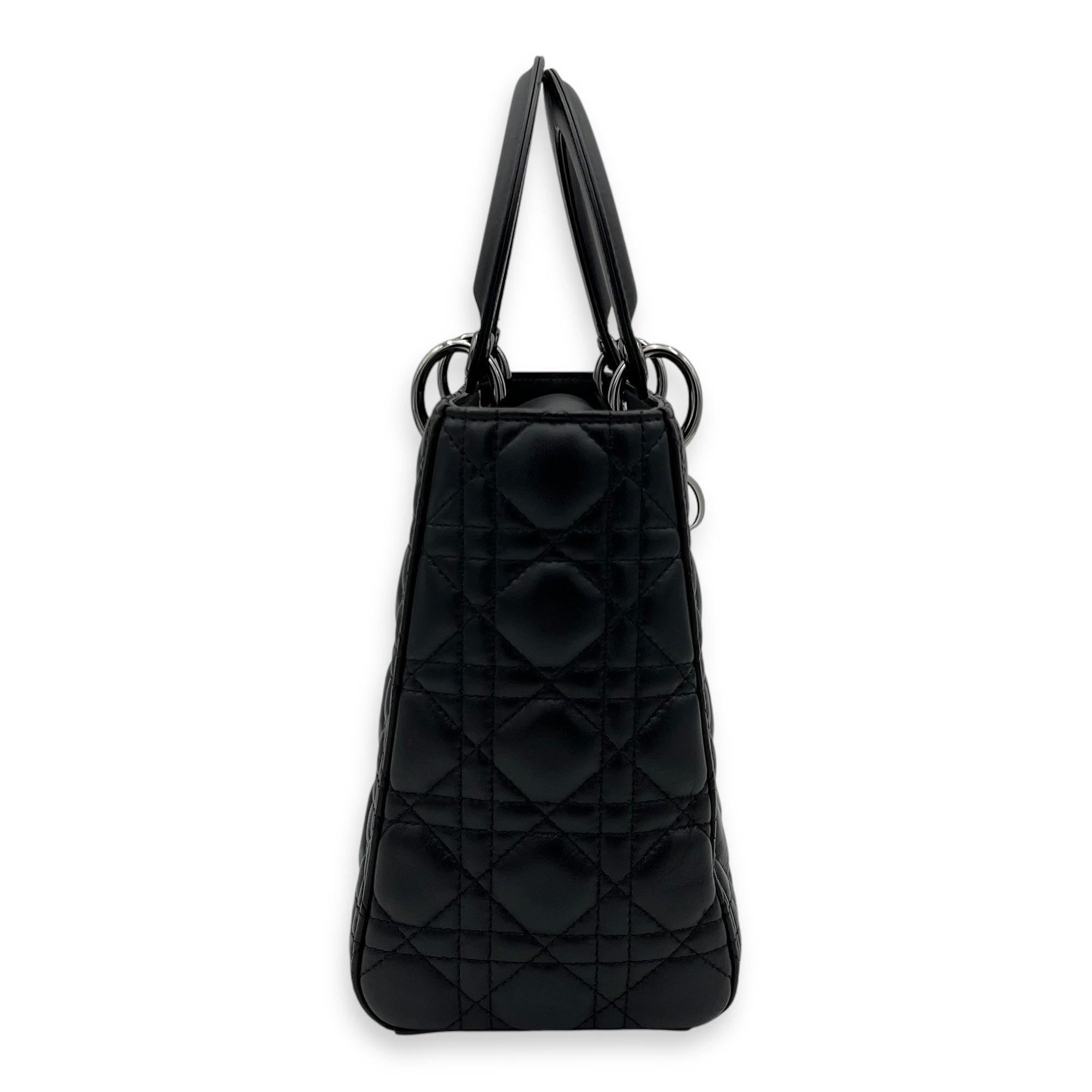 Lady Dior Medium Black Top Handle Bag in Calfskin, Gunmetal hardware