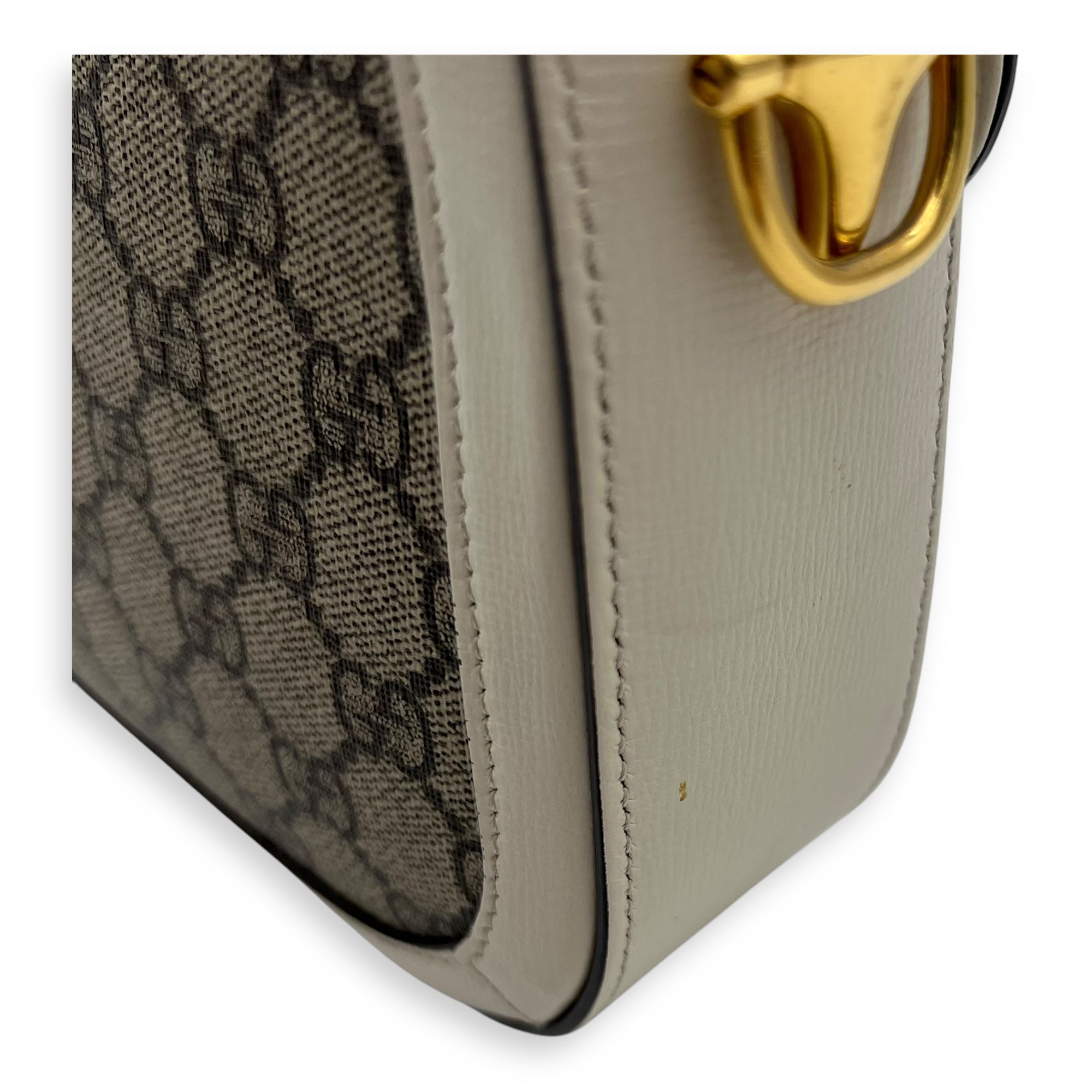 Horsebit 1955 Mini White Crossbody Bag in Coated Canvas, Gold hardware