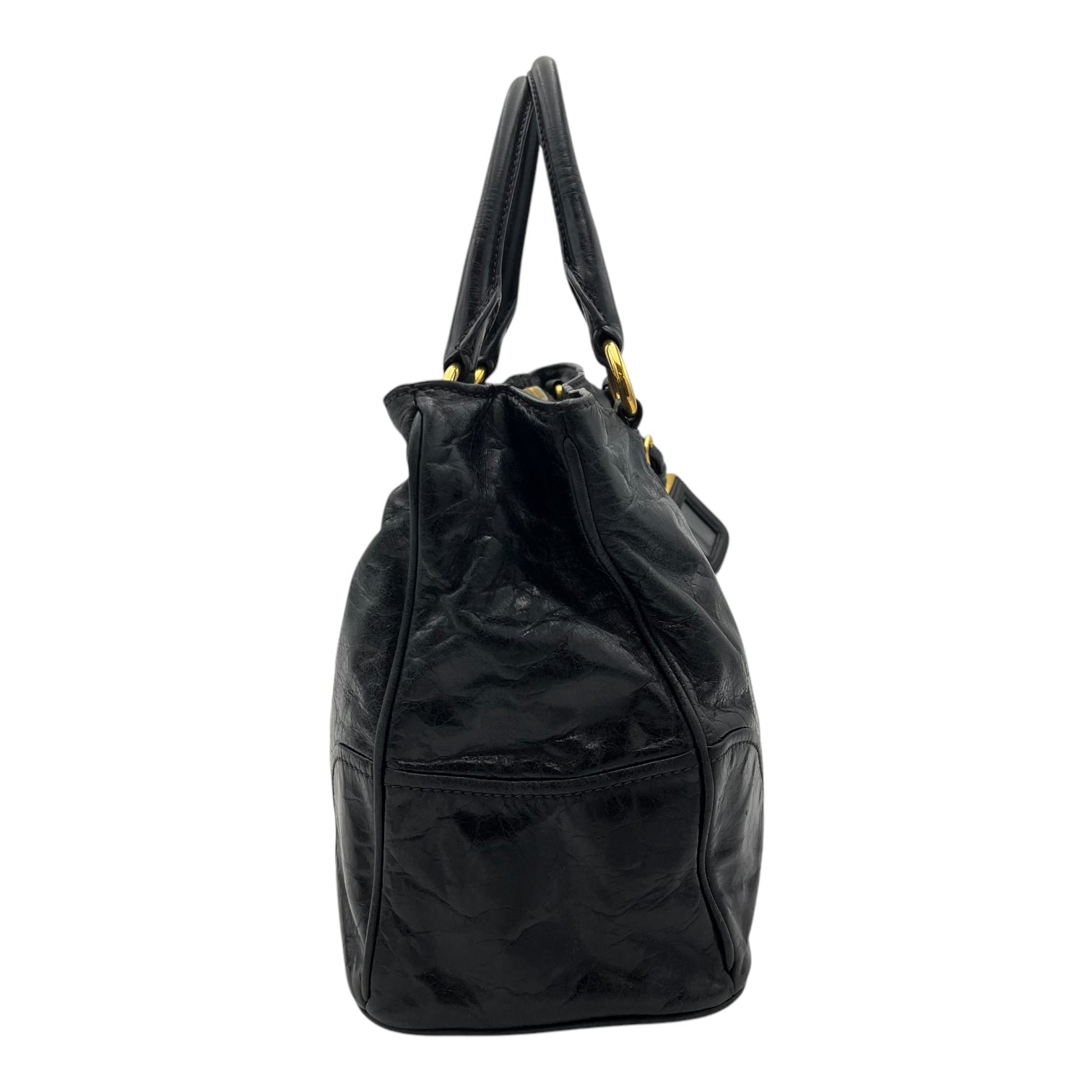 Logo Top Handle Bag Black in Distressed Leather, Gold hardware