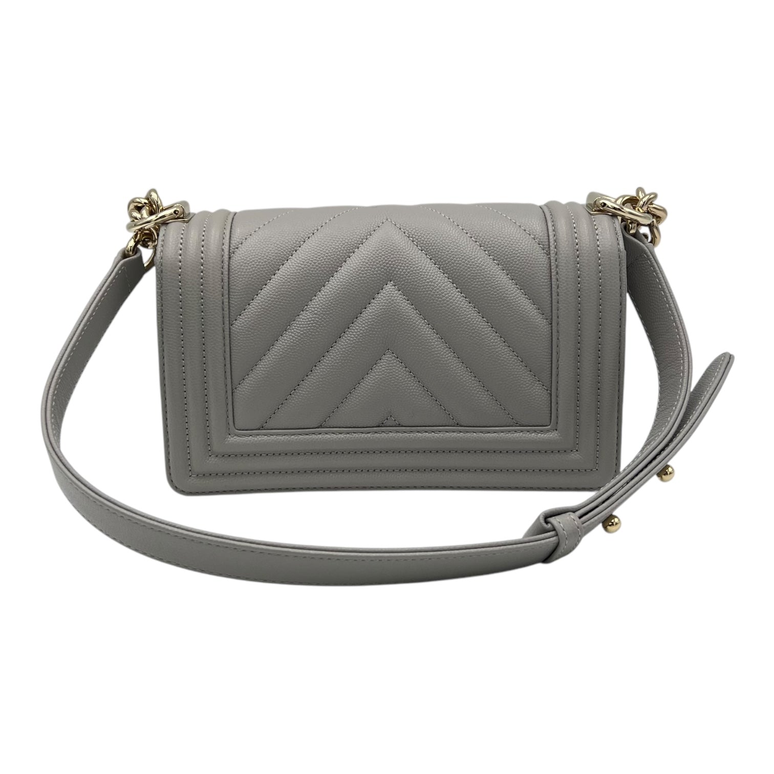 Chevron Quilted Boy Small Grey Shoulder Bag in Caviar Leather, Gold hardware
