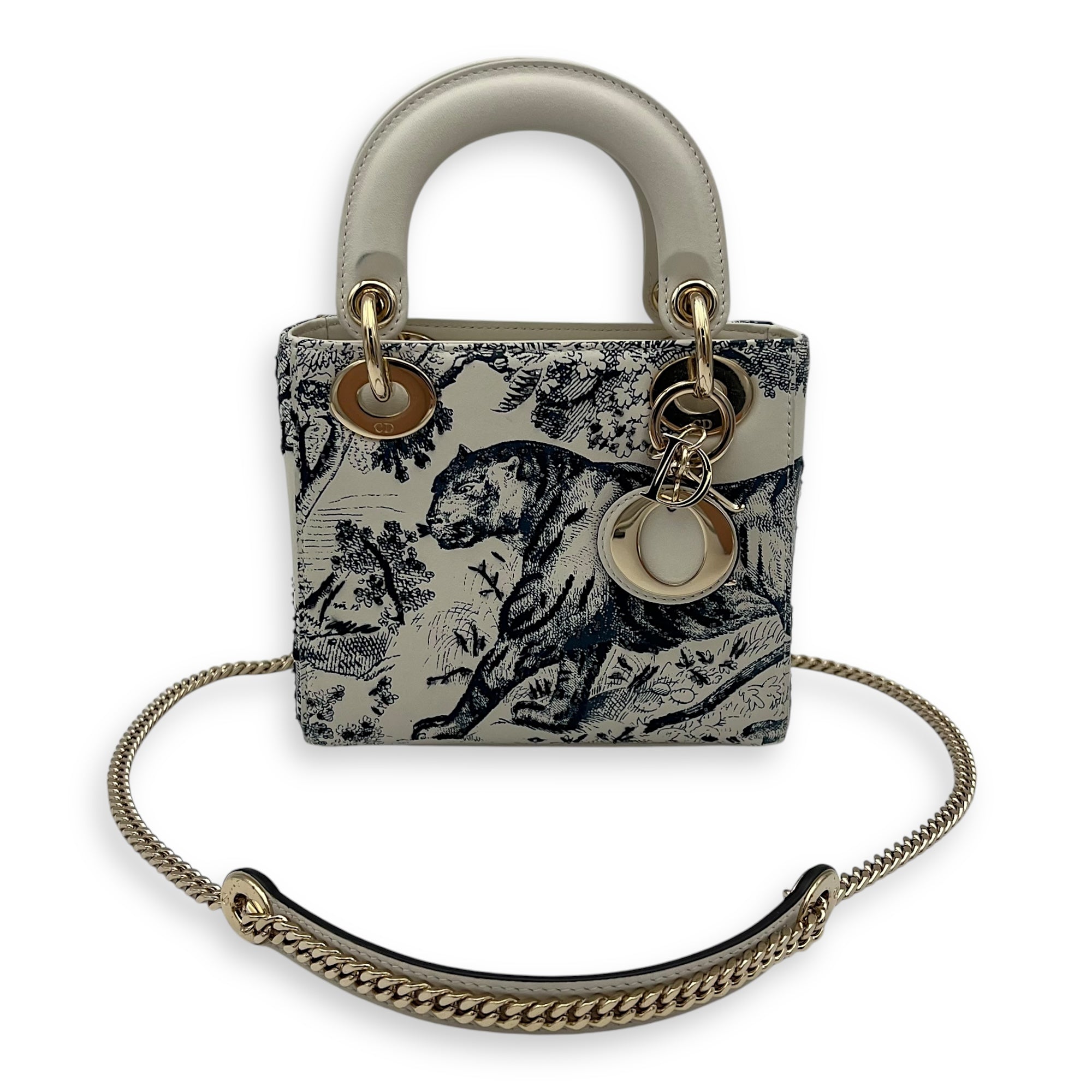 Lady Dior Mini White Top Handle Bag in Calfskin, Gold hardware