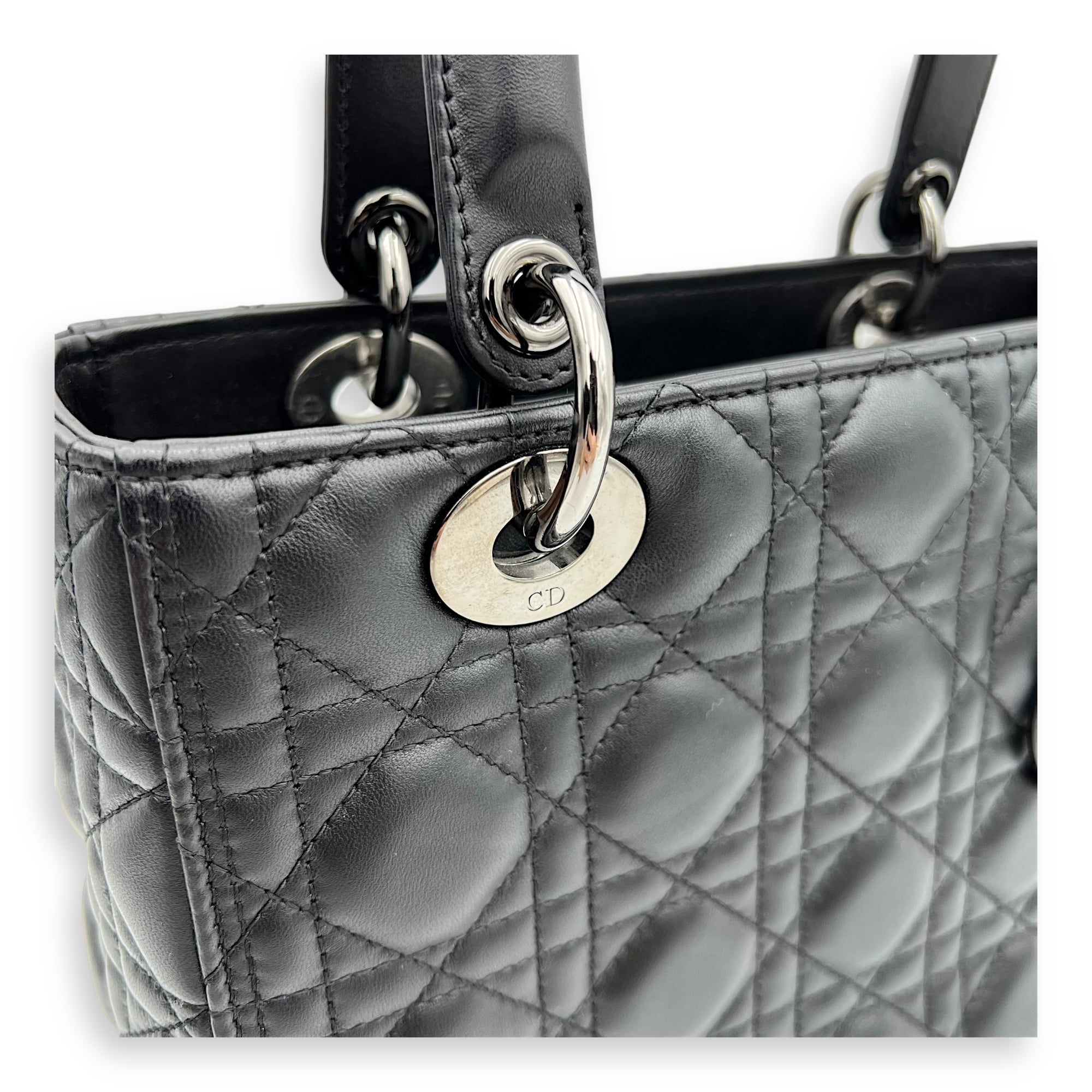 Lady Dior Medium Black Top Handle Bag in Calfskin, Gunmetal hardware