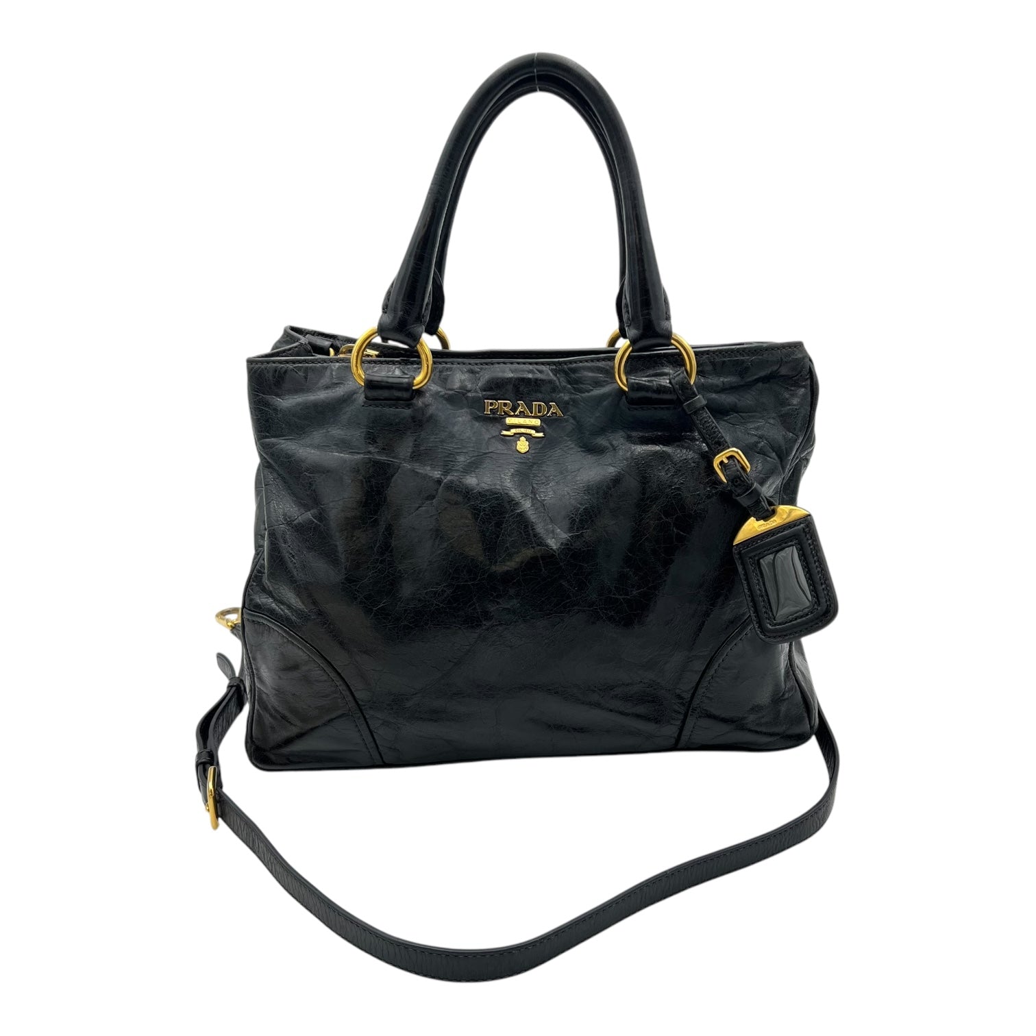 Logo Top Handle Bag Black in Distressed Leather, Gold hardware