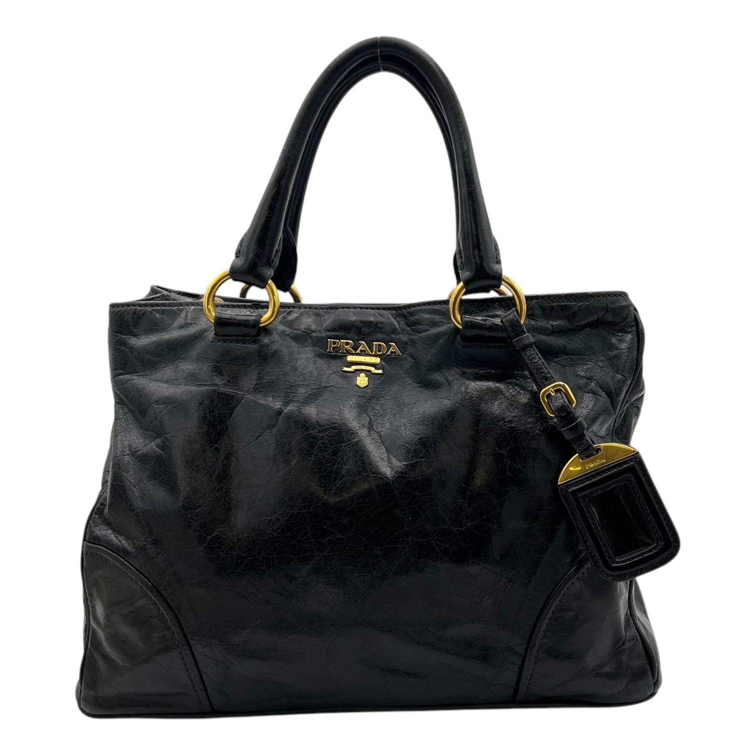 Logo Top Handle Bag Black in Distressed Leather, Gold hardware