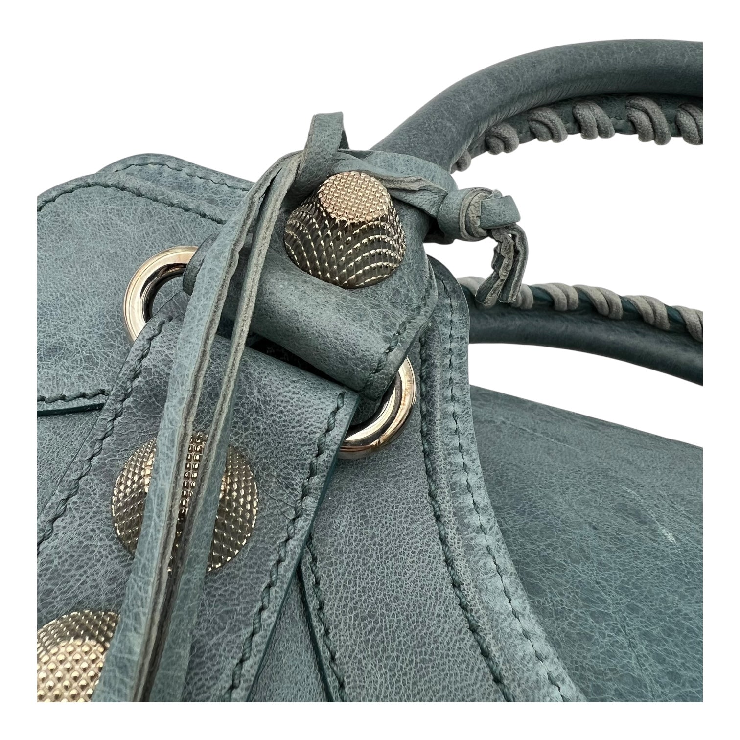 Motocross Giant City Blue Shoulder Bag in Distressed Leather, Silver hardware