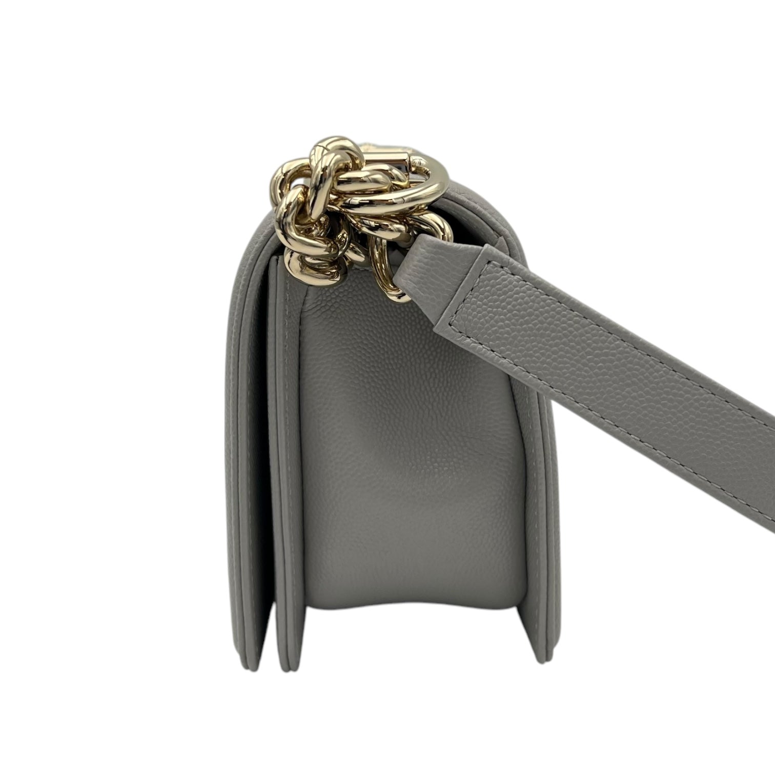 Chevron Quilted Boy Small Grey Shoulder Bag in Caviar Leather, Gold hardware