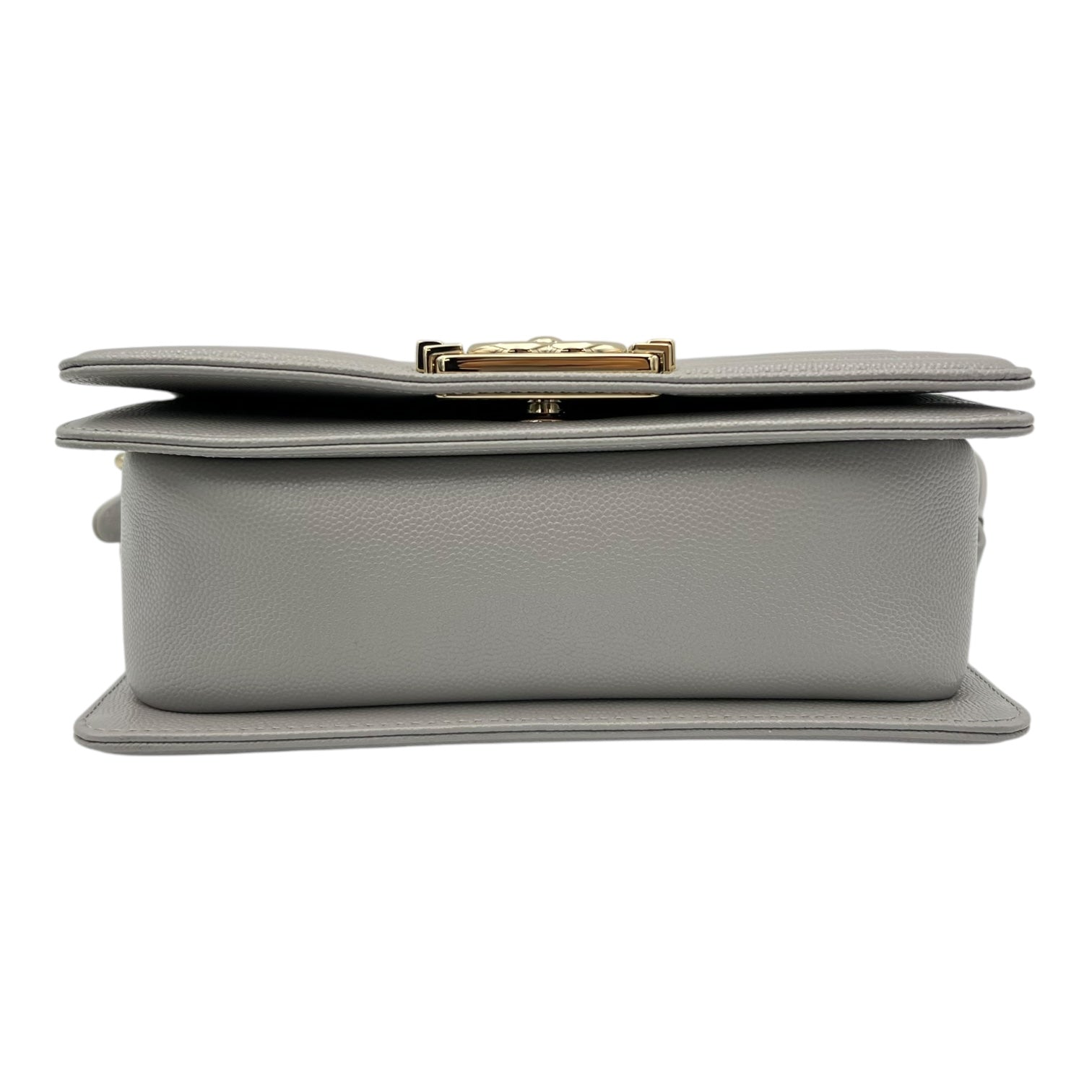 Chevron Quilted Boy Small Grey Shoulder Bag in Caviar Leather, Gold hardware