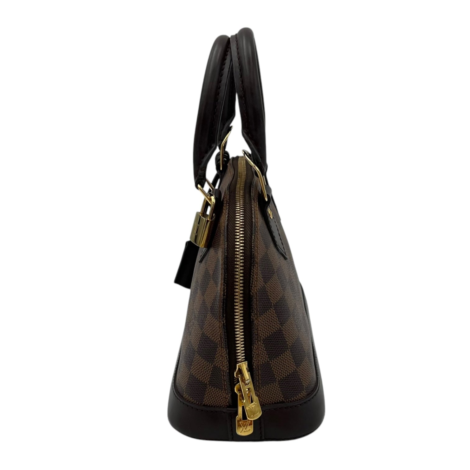 Alma BB Brown Top Handle Bag in Coated Canvas, Gold hardware