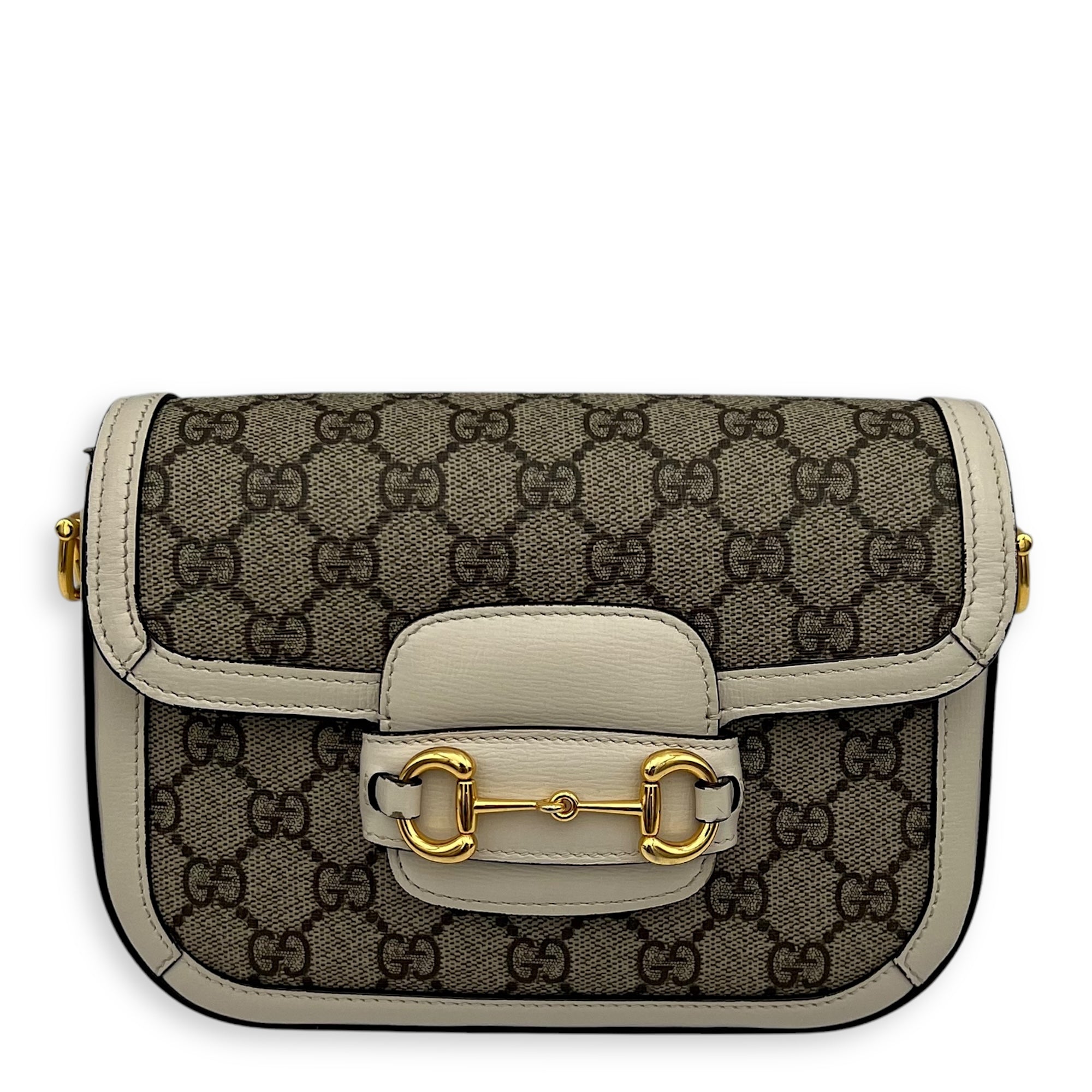 Horsebit 1955 Mini White Crossbody Bag in Coated Canvas, Gold hardware