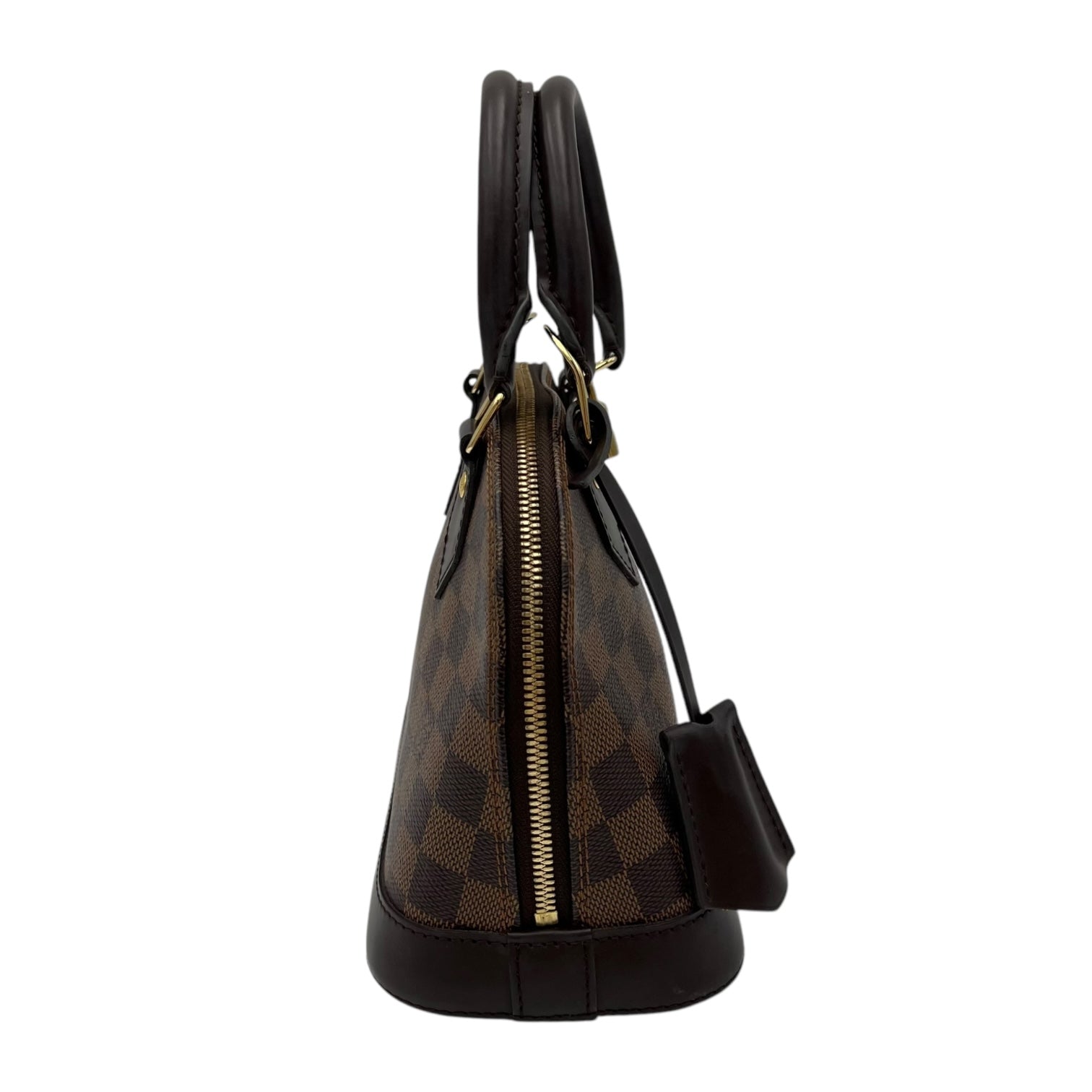 Alma BB Brown Top Handle Bag in Coated Canvas, Gold hardware