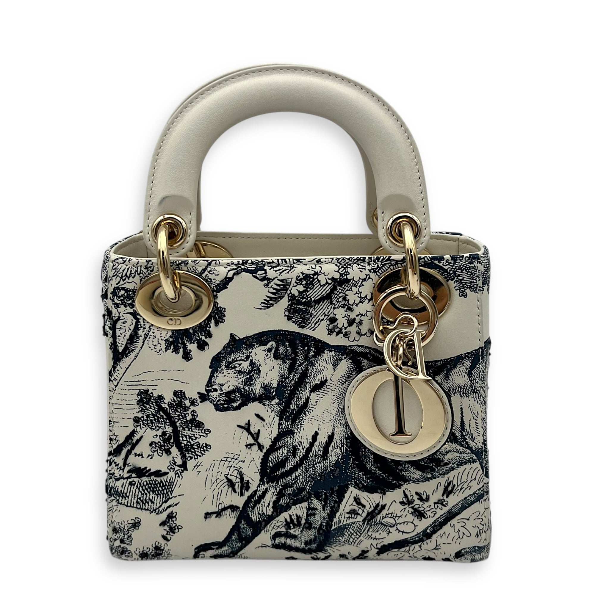 Lady Dior Mini White Top Handle Bag in Calfskin, Gold hardware
