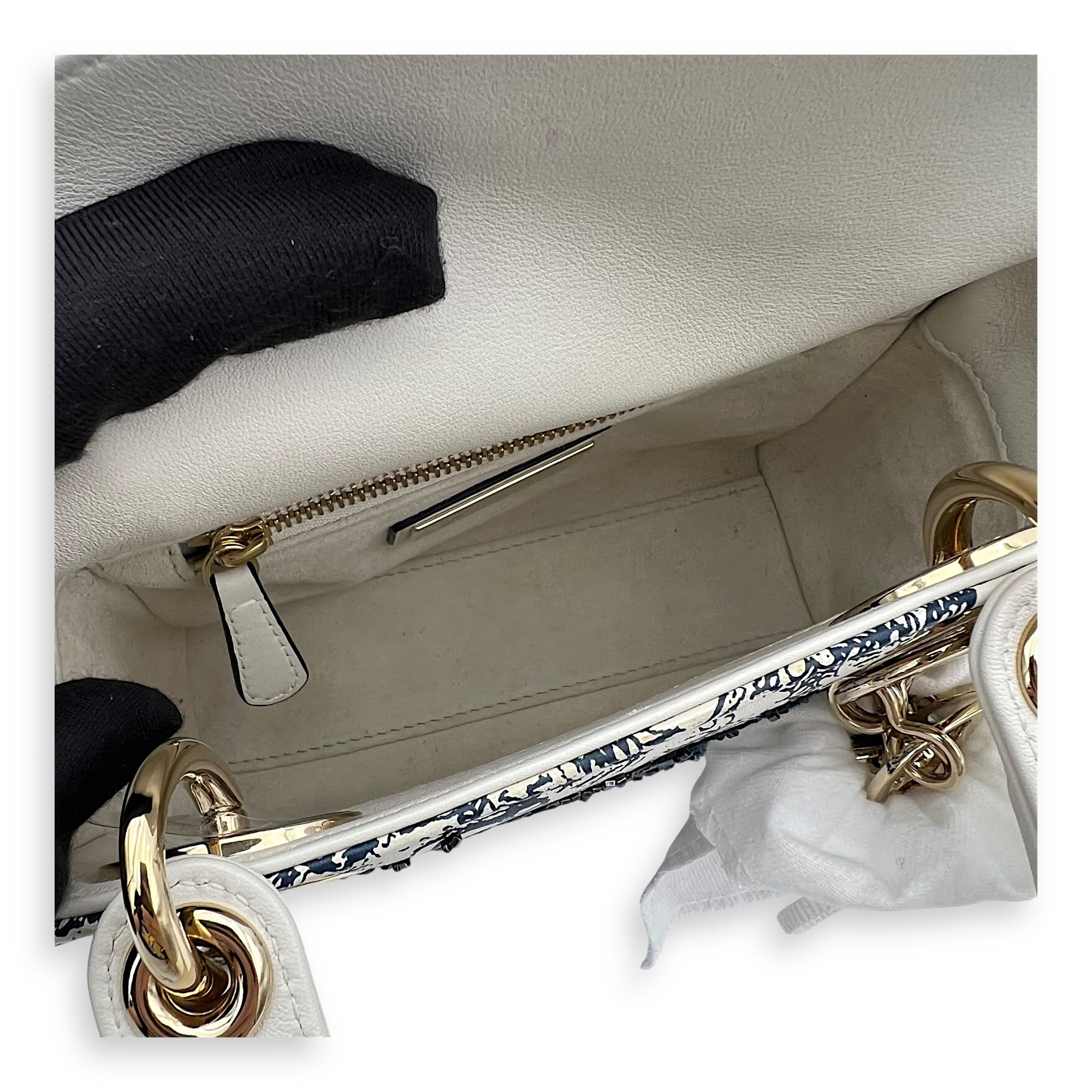 Lady Dior Mini White Top Handle Bag in Calfskin, Gold hardware
