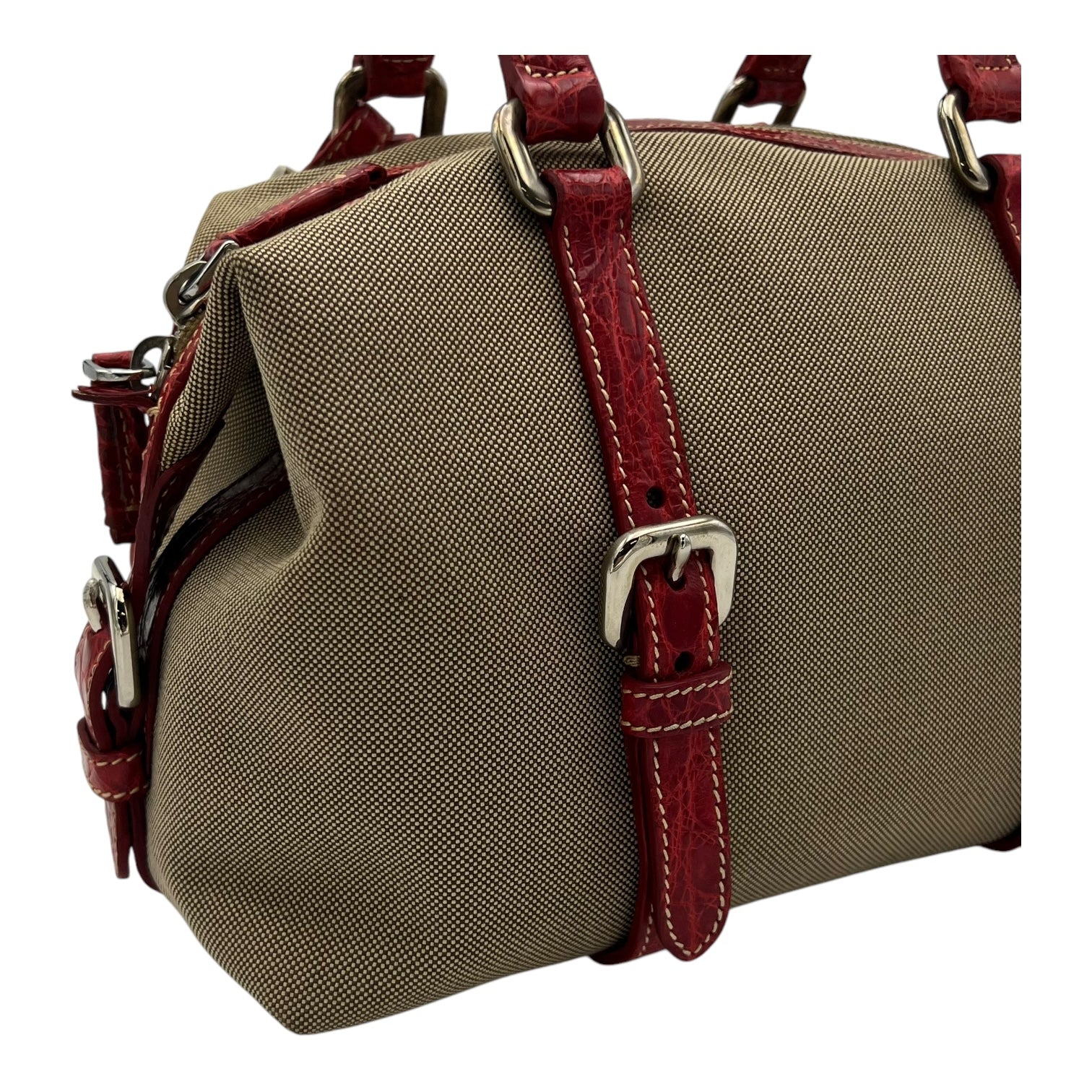 Logo Top Handle Bag Brown in Canvas, Silver hardware