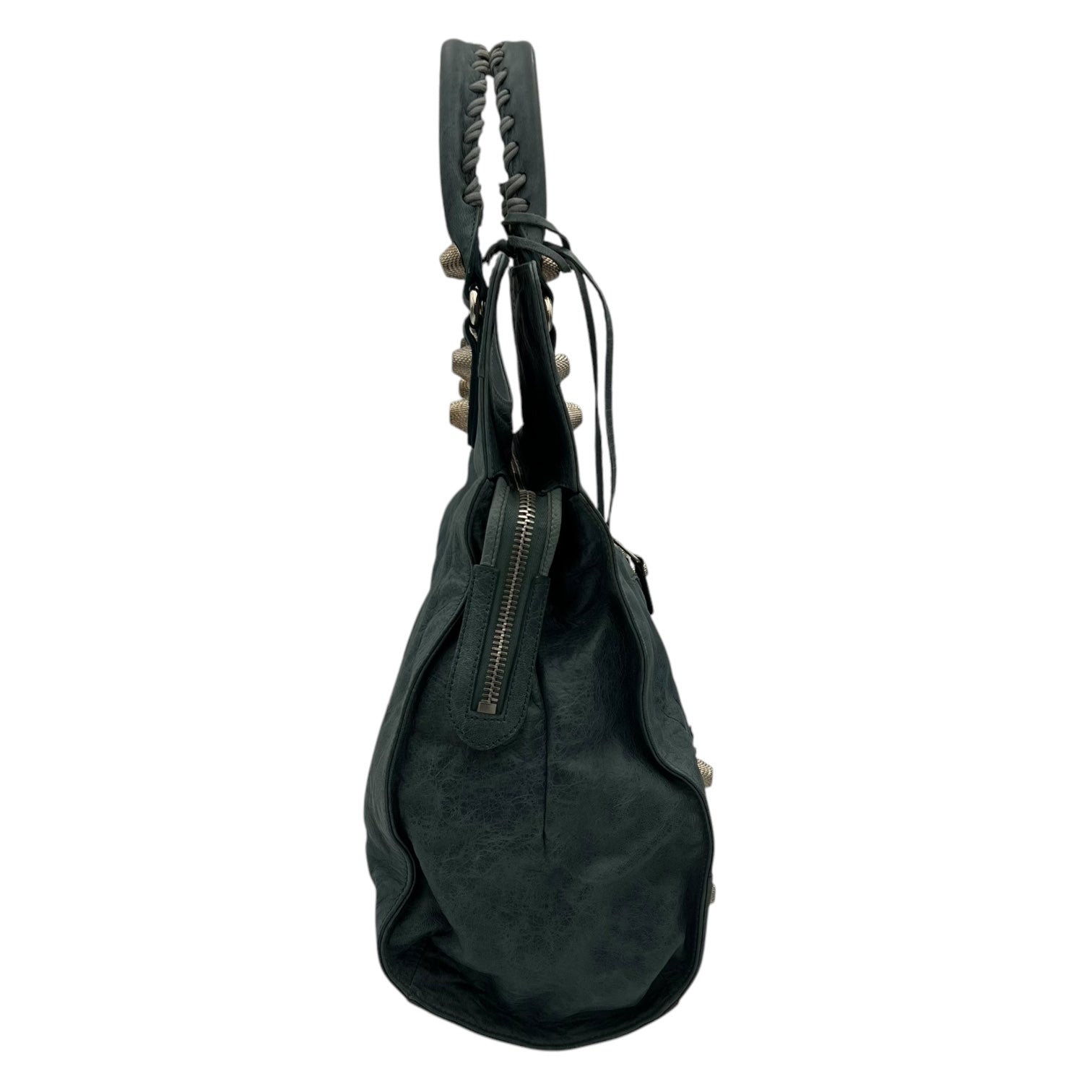 Motocross Giant City Blue Shoulder Bag in Distressed Leather, Silver hardware