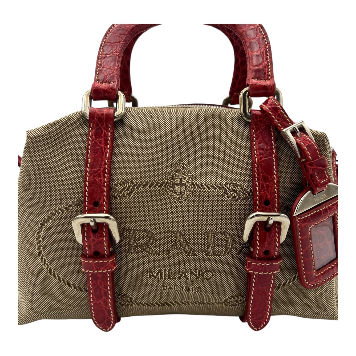 Logo Top Handle Bag Brown in Canvas, Silver hardware